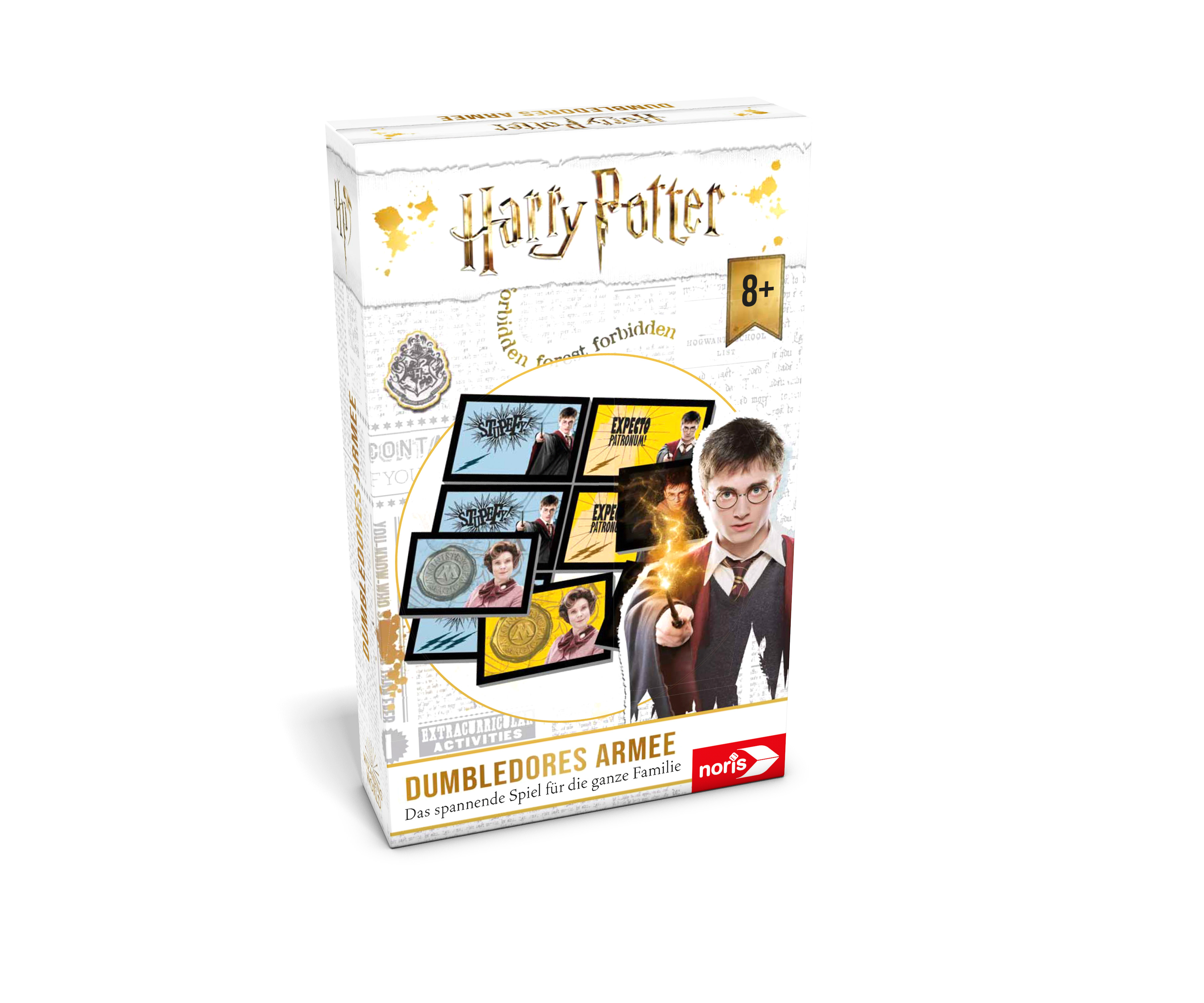 Harry Potter Brettspielbox. Zeigt Harry mit einem Zauberstab. Weißer Hintergrund.