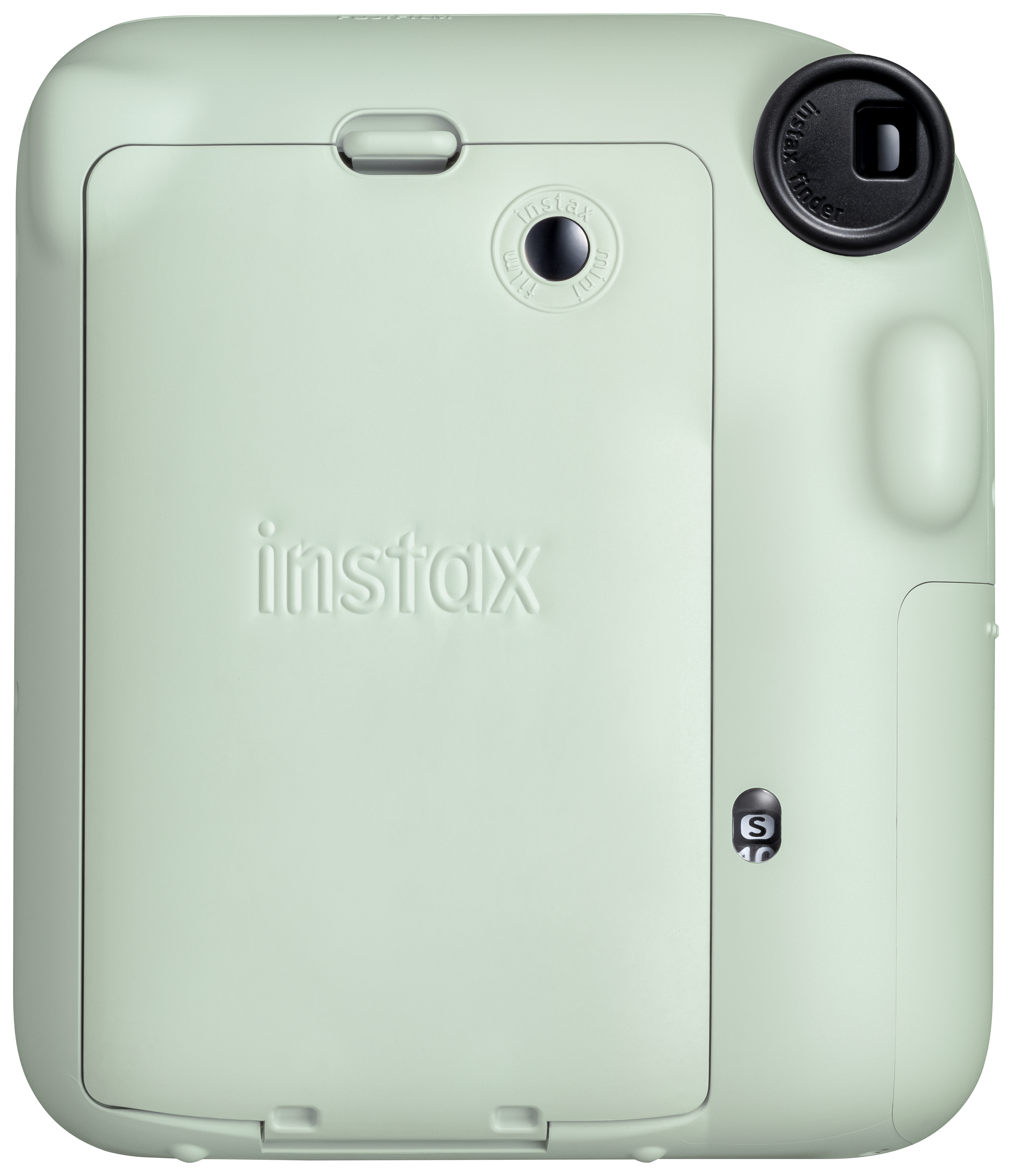 Eine hellgrüne Instax-Kamera von hinten. Es hat einen Knopf und ein kleines Fenster.