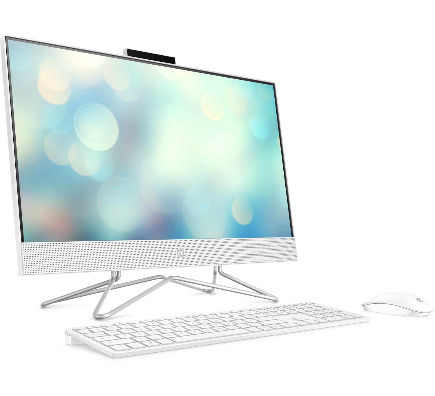 Una computadora HP todo-en-uno blanca con teclado y mouse sobre una superficie blanca.