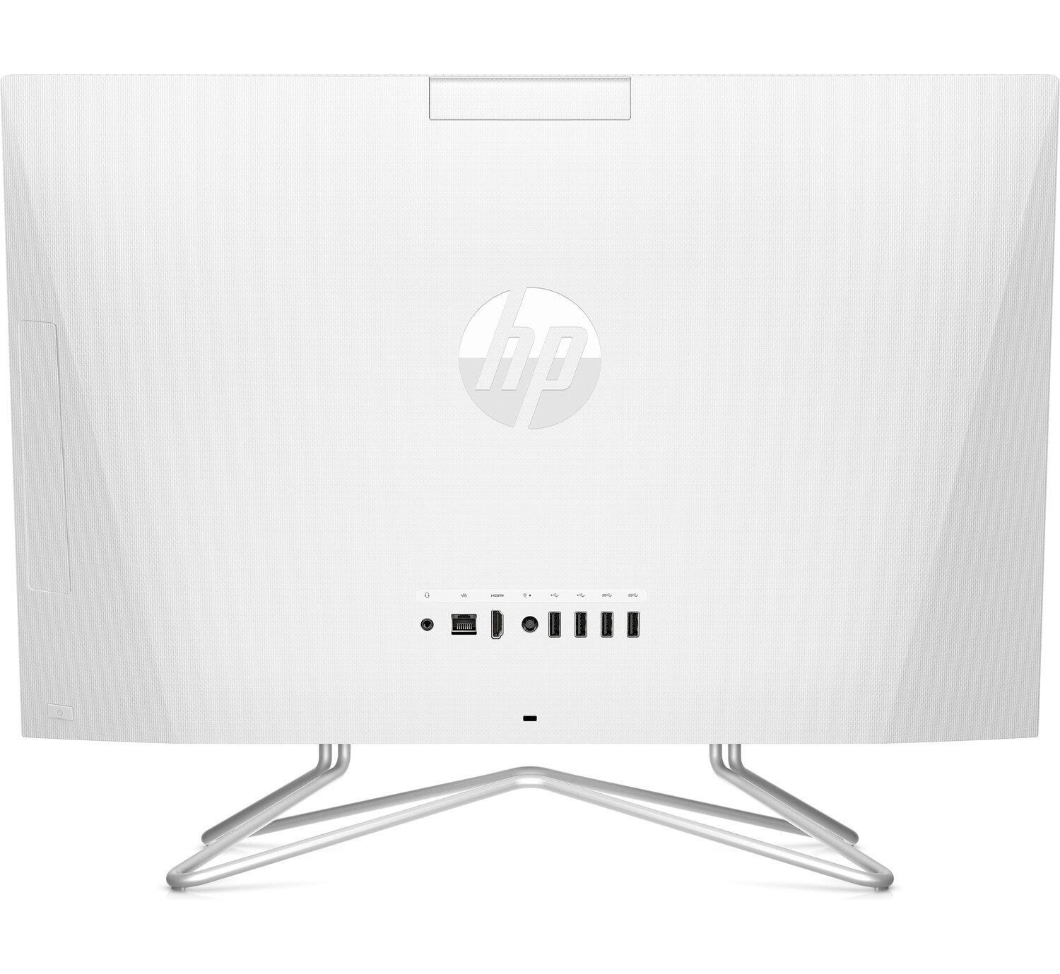 Monitor de ordenador HP blanco, vista trasera. Puertos en la parte inferior, soporte plateado.