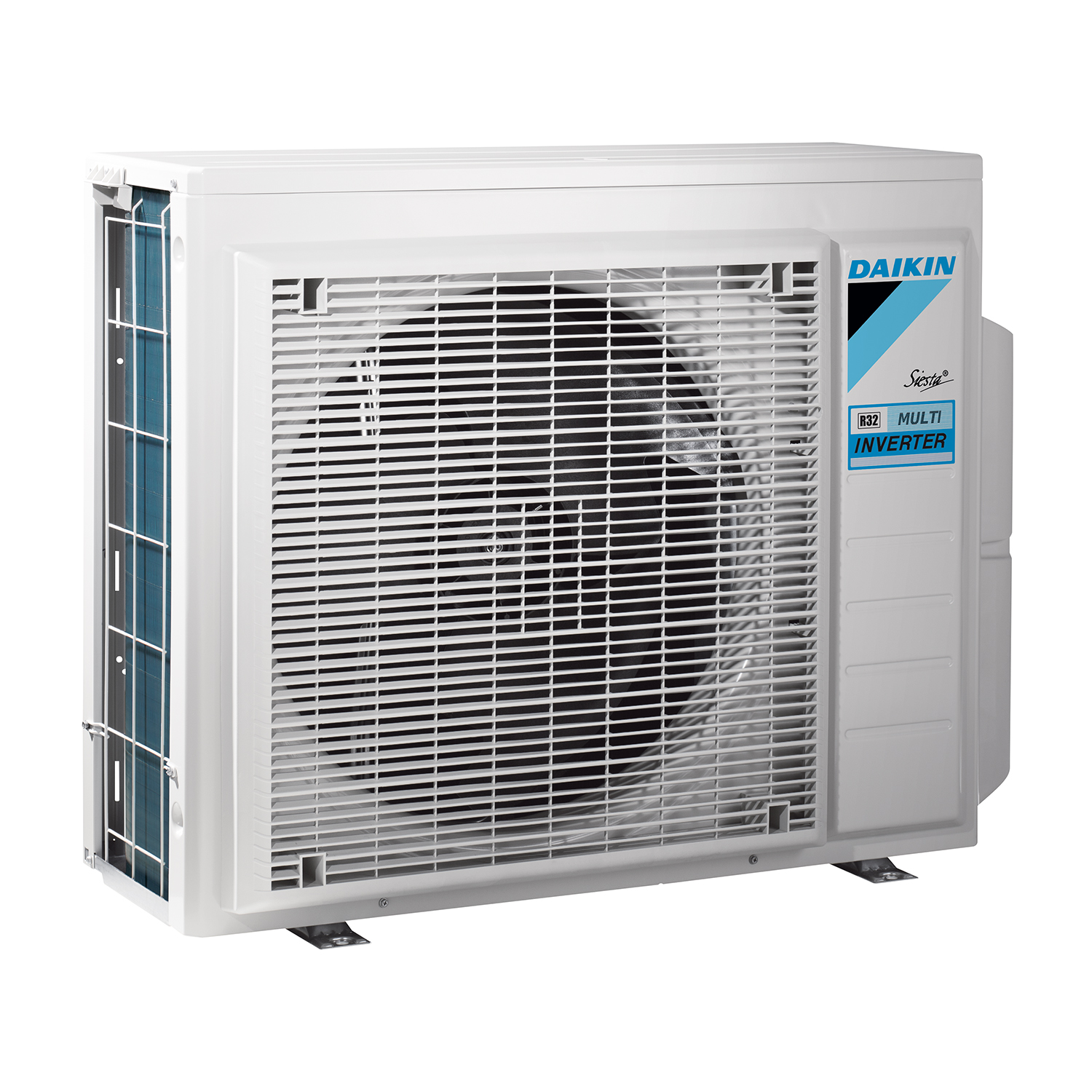 Unità di condizionamento Daikin bianca e grigia con ventola ed etichetta blu.