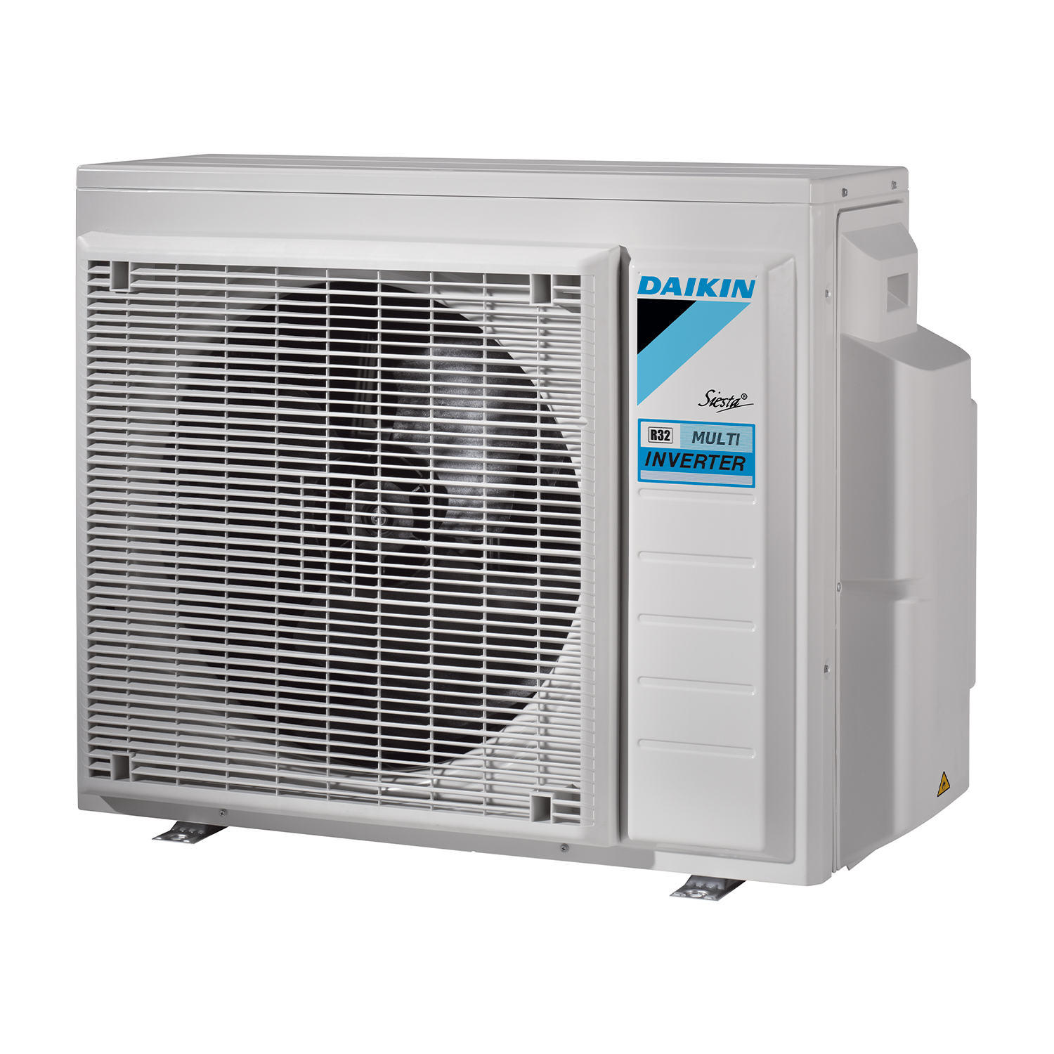 Un'unità di condizionamento Daikin bianca, con una ventola e testo blu.