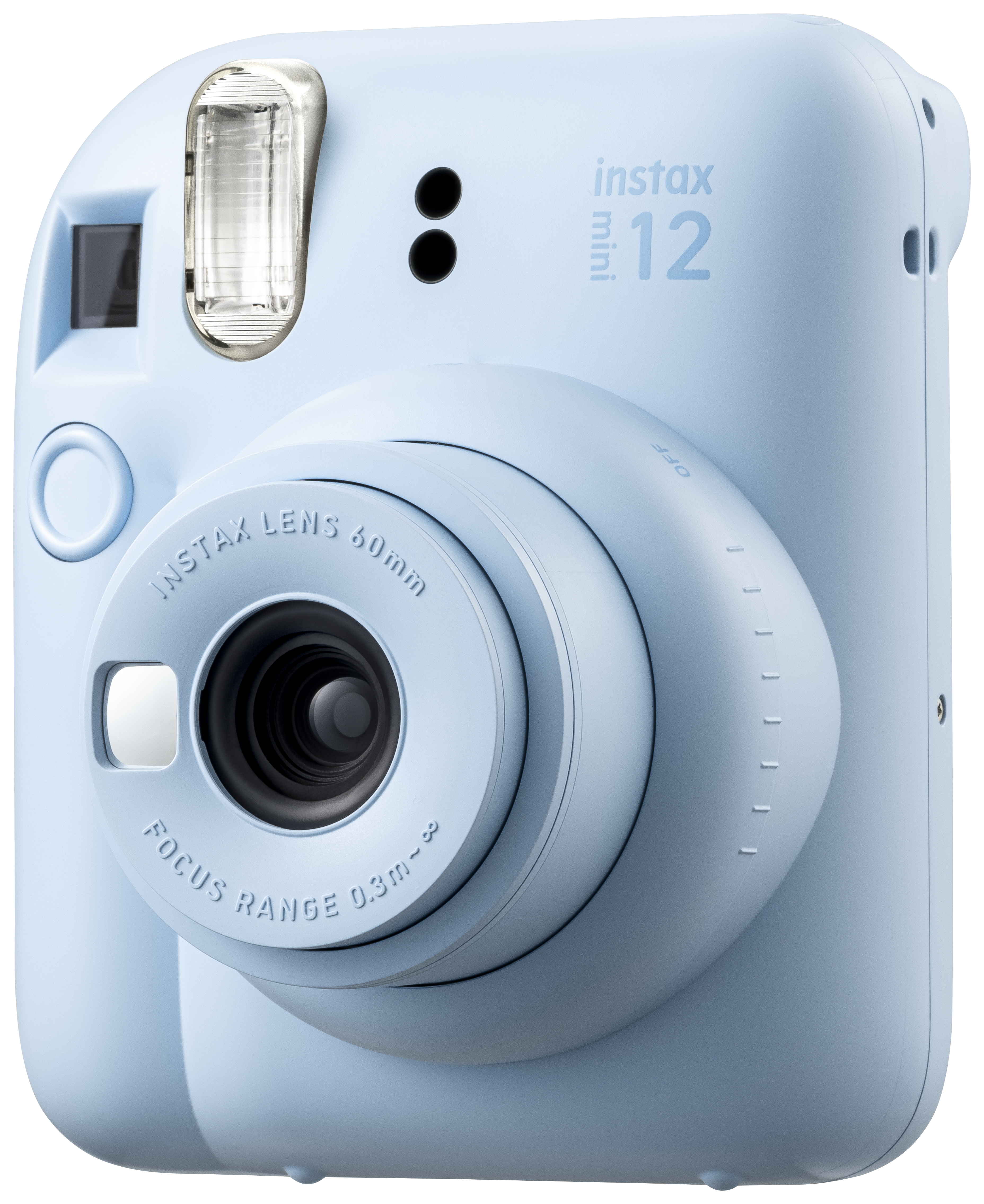 Hellblaue Instax Mini 12 Sofortbildkamera. Objektiv, Blitz und Knöpfe sind sichtbar.