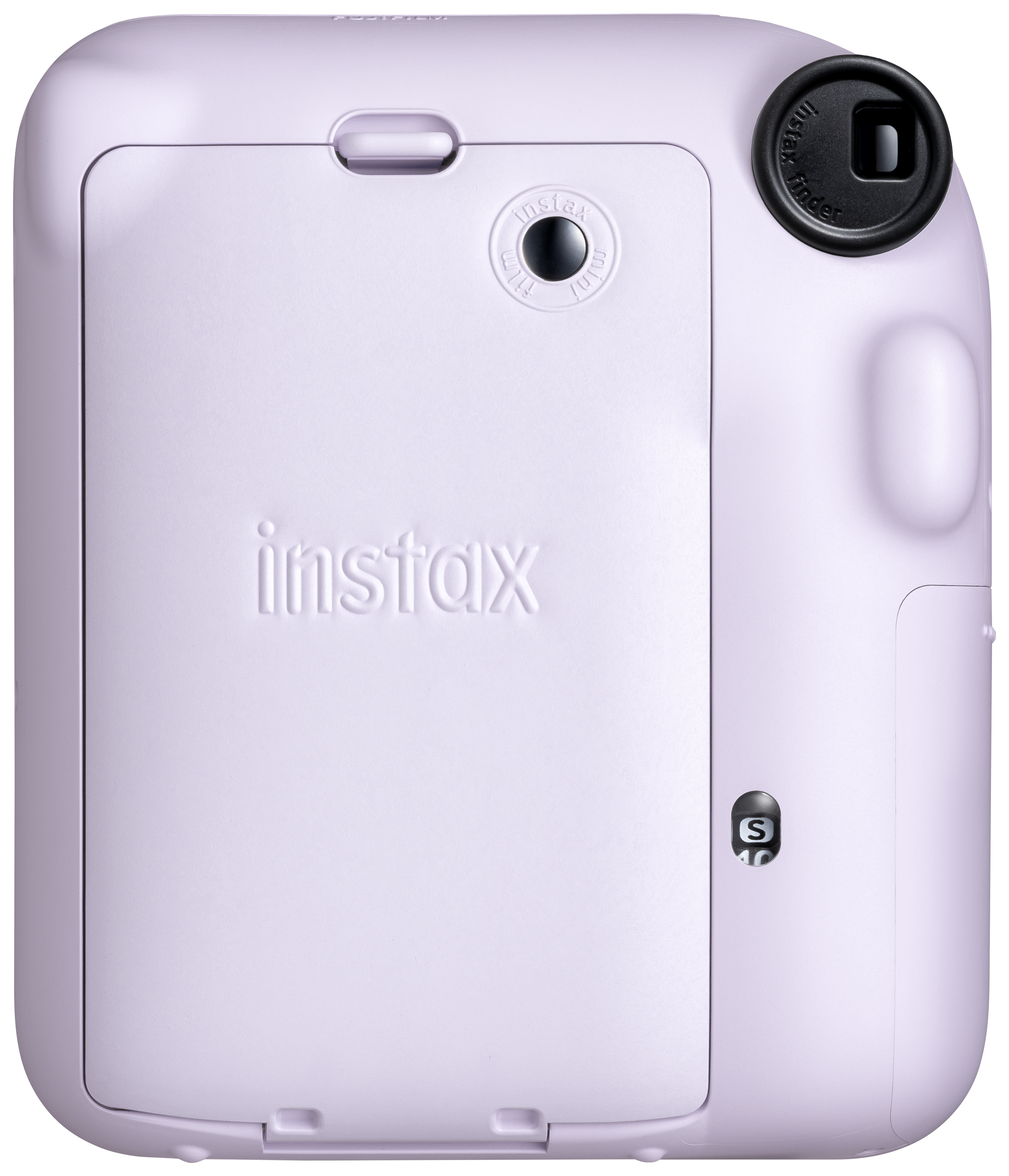 Rückseite einer hellvioletten Instax Mini Kamera. Das Wort 'instax' ist auf der Tür geprägt. Kleiner schwarzer Knopf.