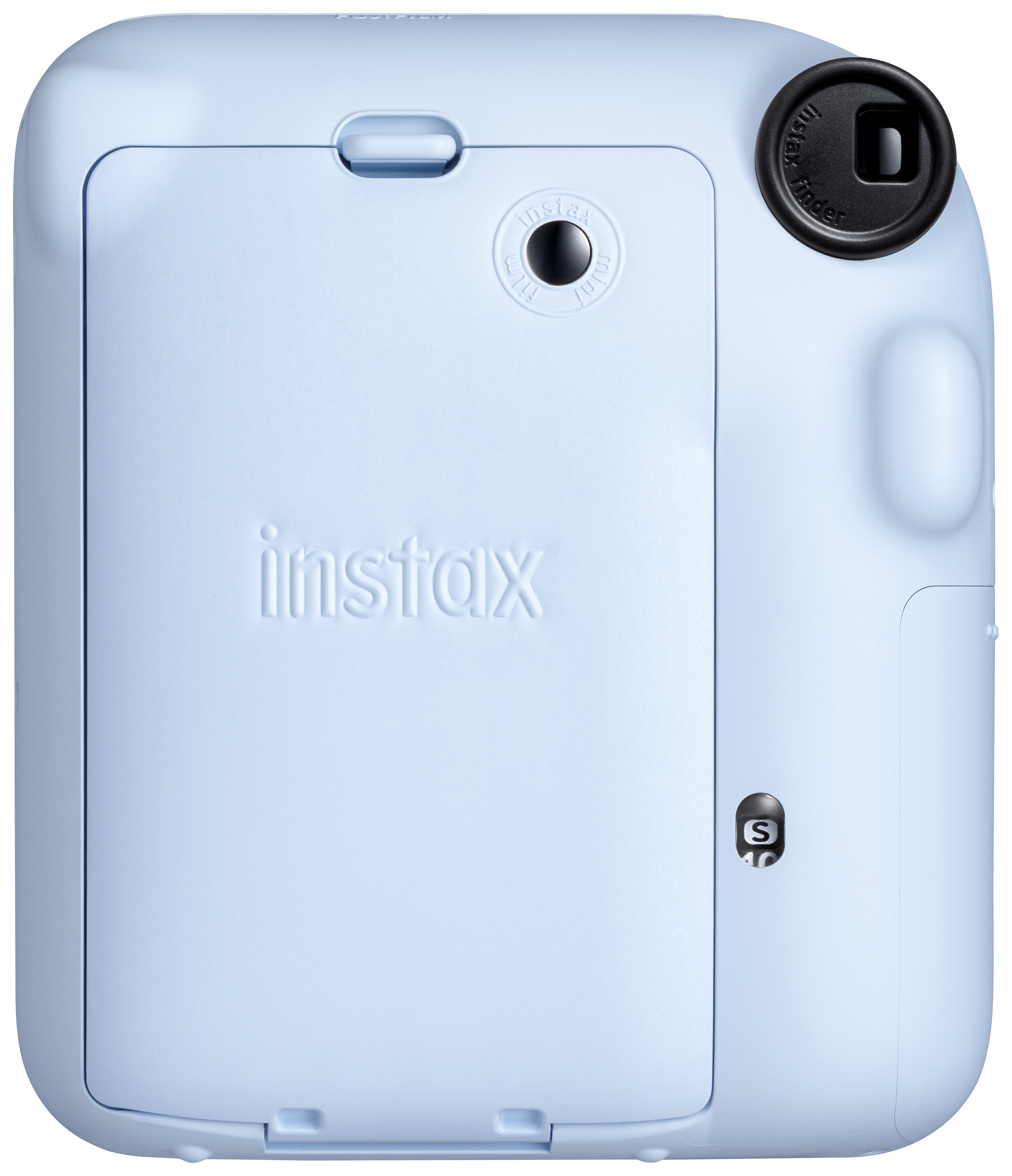 Eine hellblaue Instax Sofortbildkamera mit geöffneter Rückseite.
