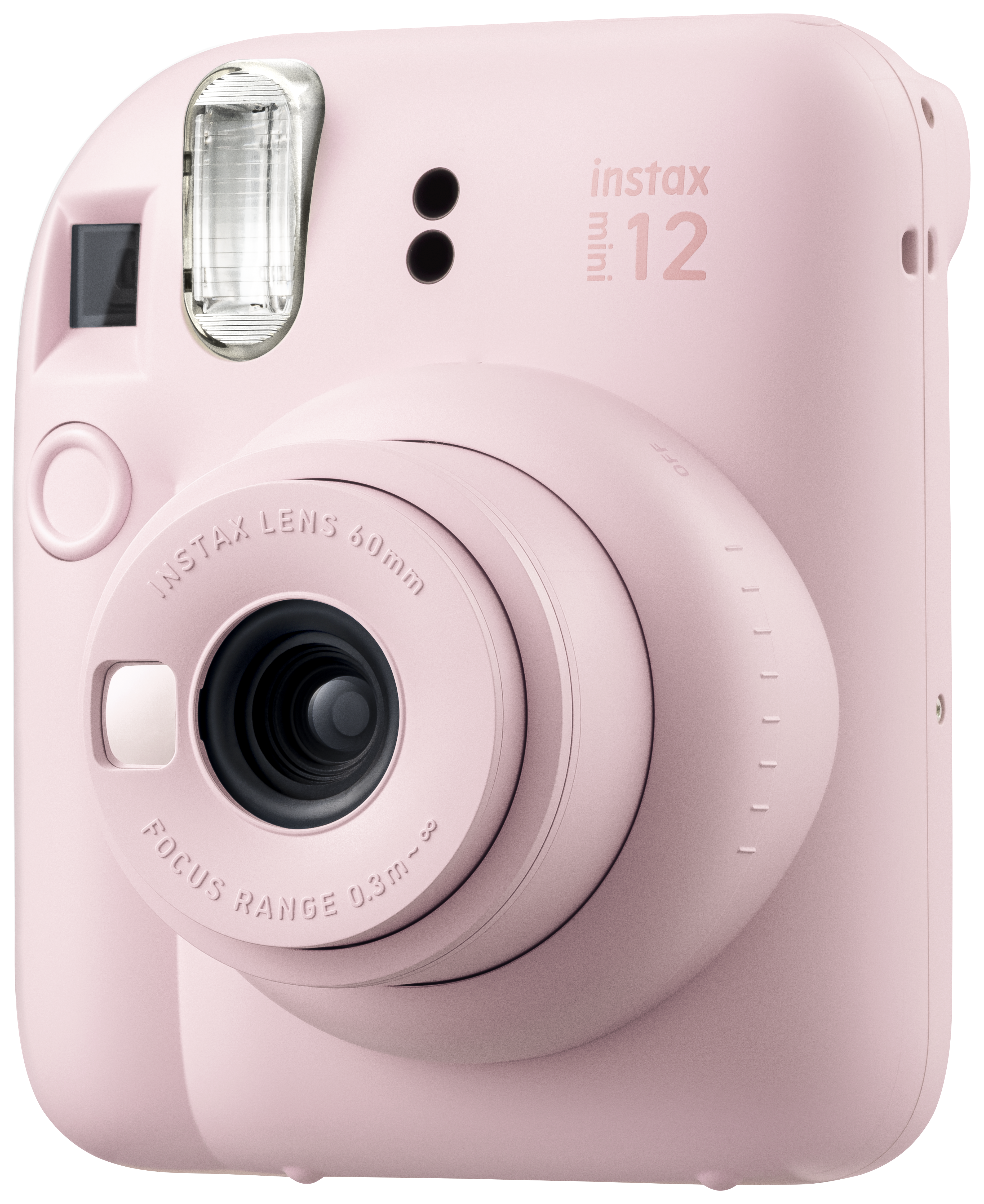 Rosa Instax Mini 12 Kamera, Frontansicht, Objektiv, Blitz und Knöpfe.