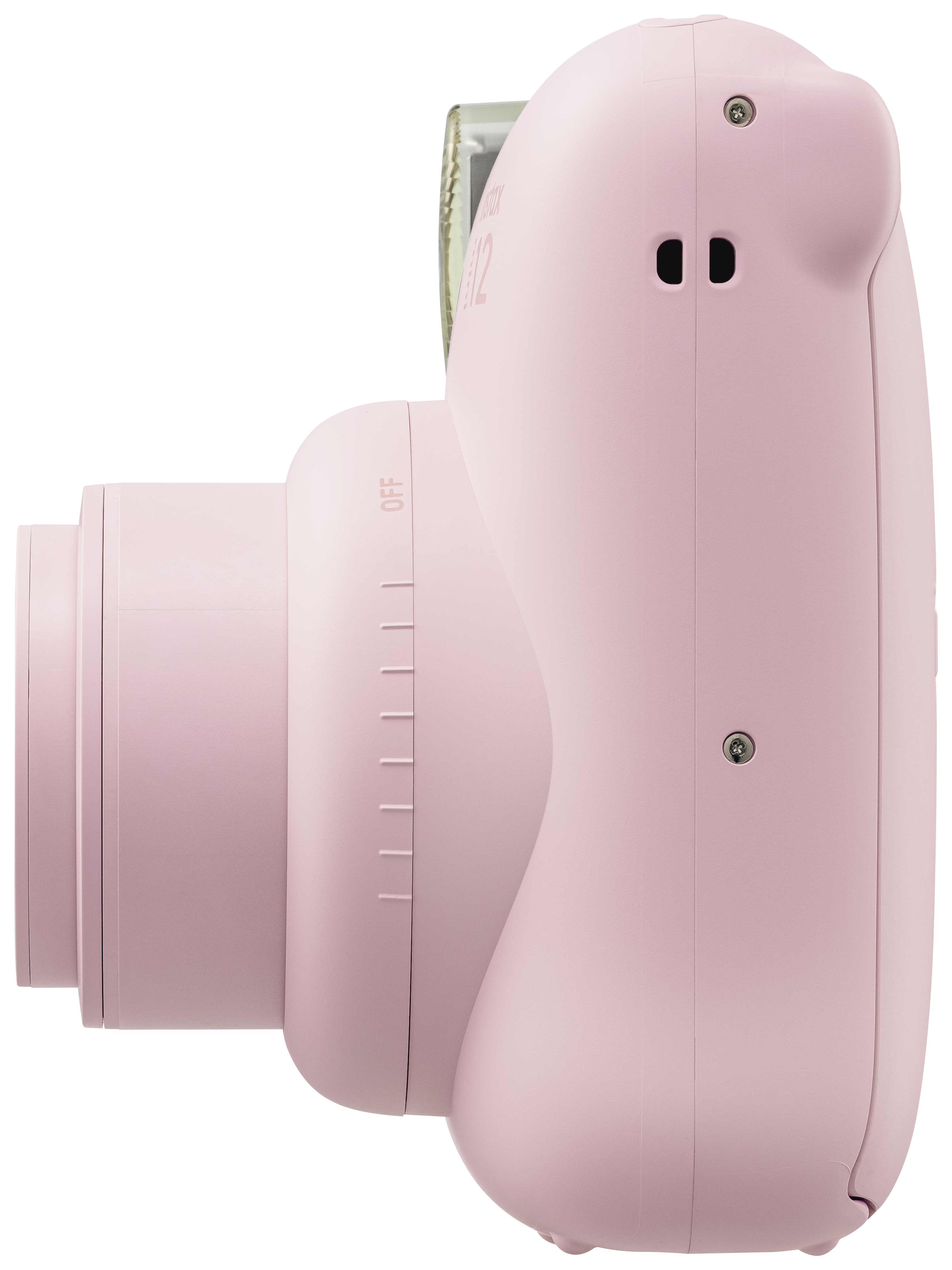 Rosa Sofortbildkamera, Seitenansicht, Objektiv links.