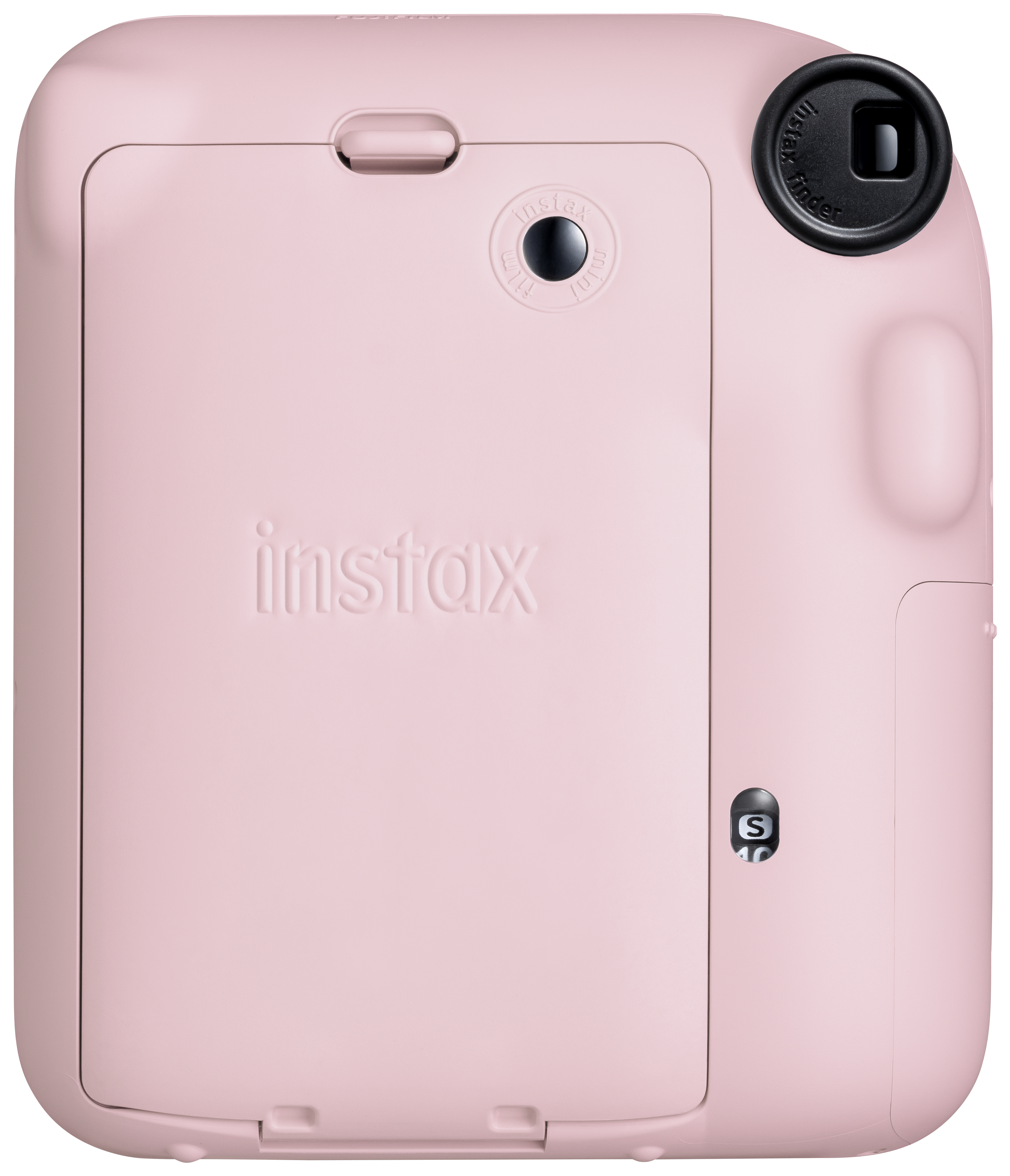 Eine rosa Instax-Kamera, Rückansicht, mit dem Instax-Logo und einem kleinen Auslöser.