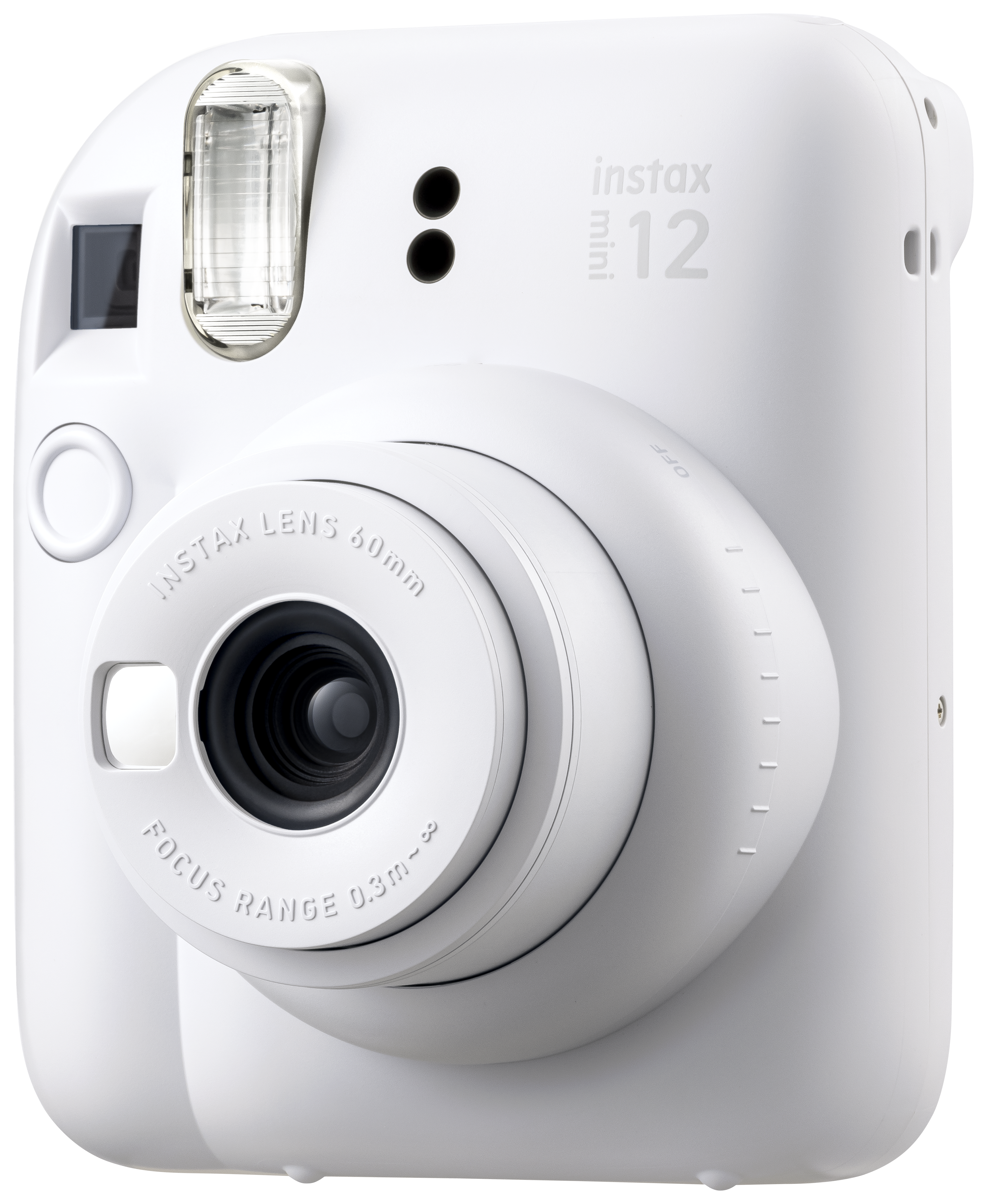 Weiße Instax Mini 12 Kamera mit Objektiv und Blitz, in einem Winkel.
