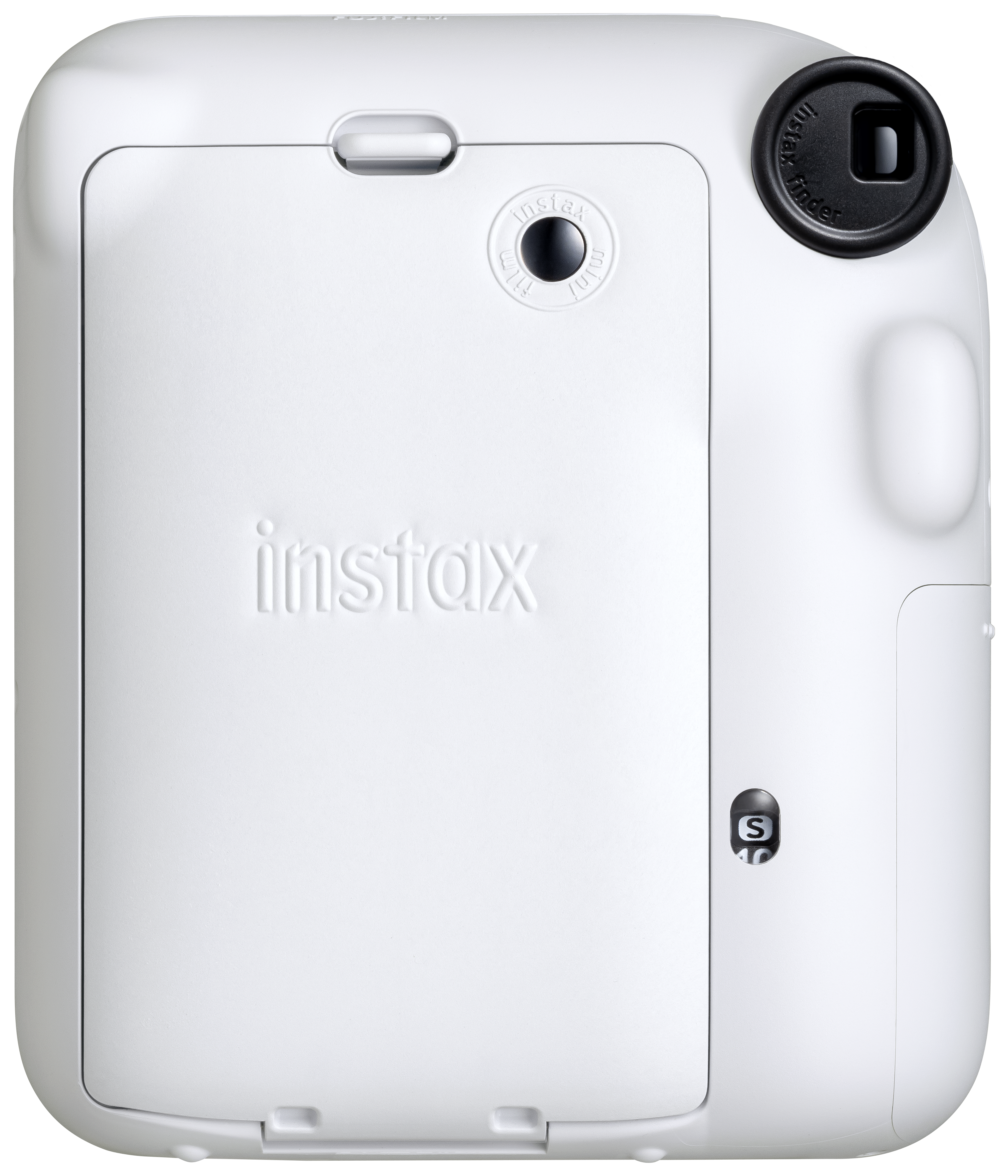 Rückansicht einer weißen Instax-Kamera mit Objektiv und Filmtür, mit 'instax'-Logo.
