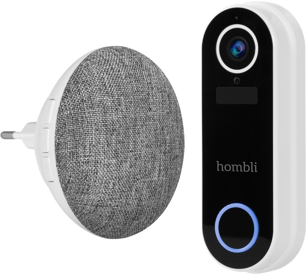 Un campanello intelligente e un altoparlante con una copertura in tessuto grigio. Il campanello ha una fotocamera e una luce blu.