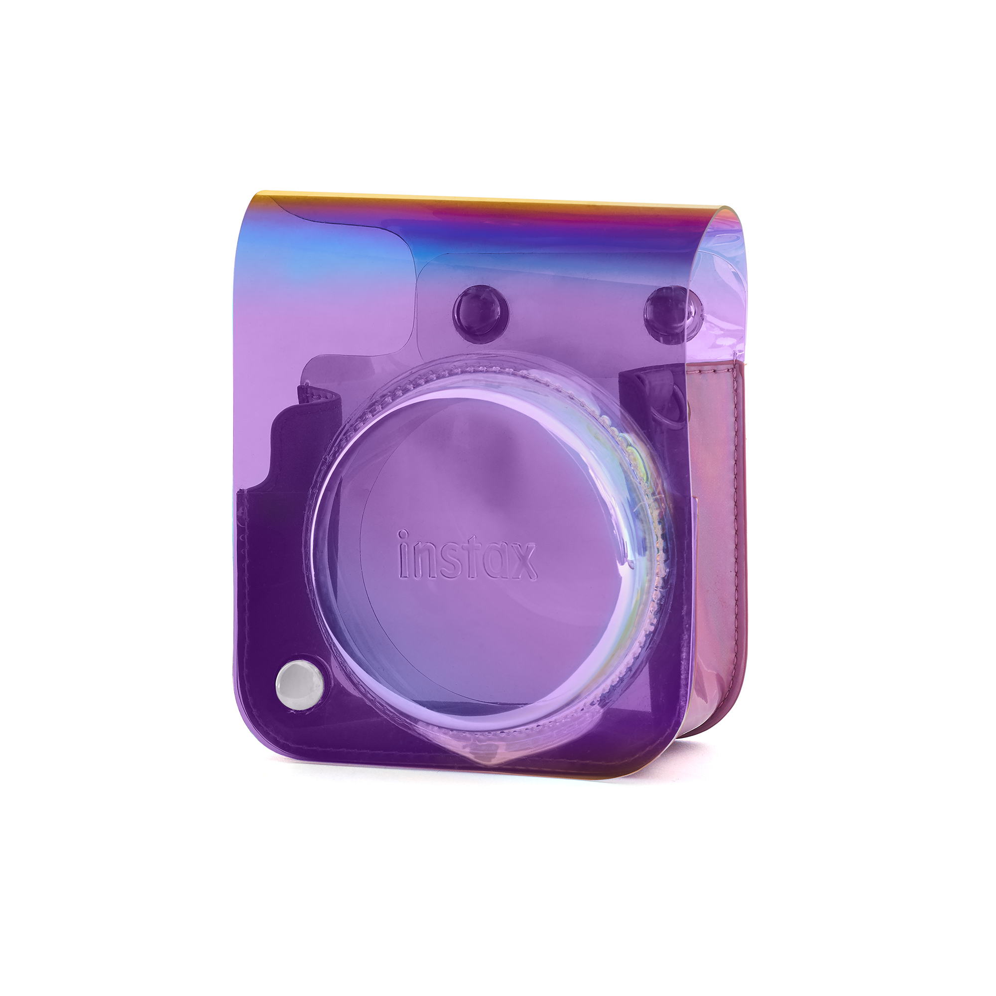 Ein durchsichtiges, irisierendes Gehäuse schützt eine lila Instax-Kamera auf weißem Hintergrund.