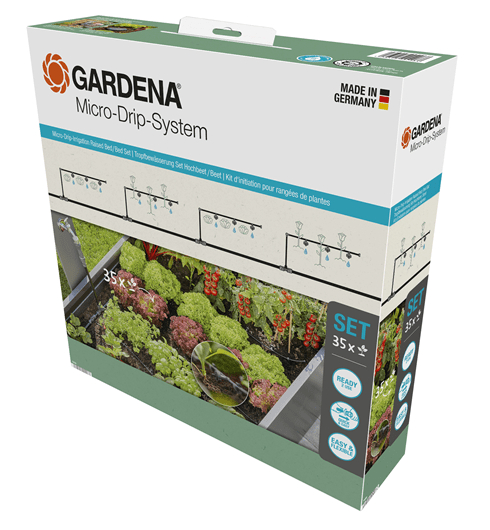 Gardena Micro-Drip-System Box mit Bewässerungsgeräten und einer Gartenszene.