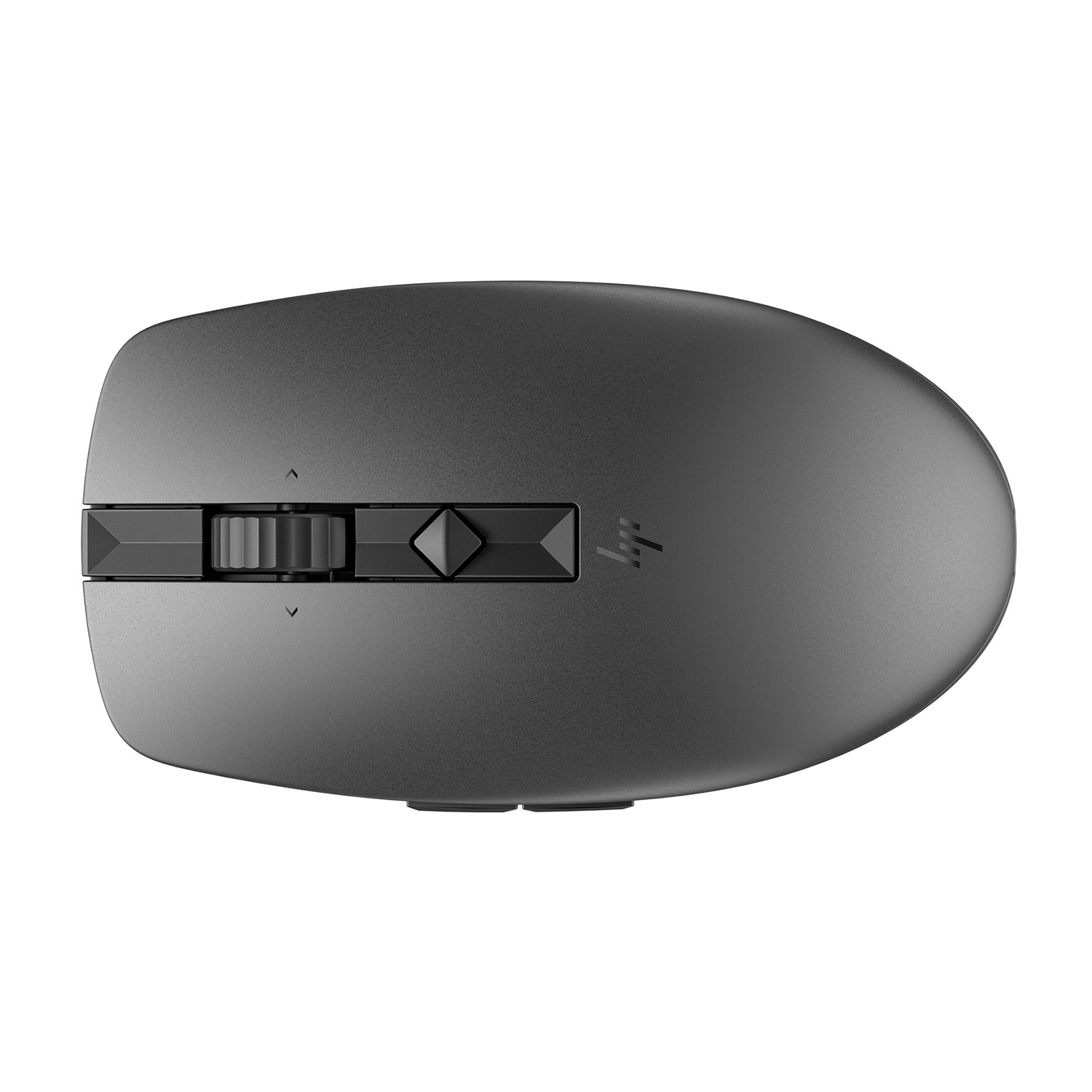 Una vista dall'alto di un mouse per computer nero con rotella di scorrimento e pulsanti.