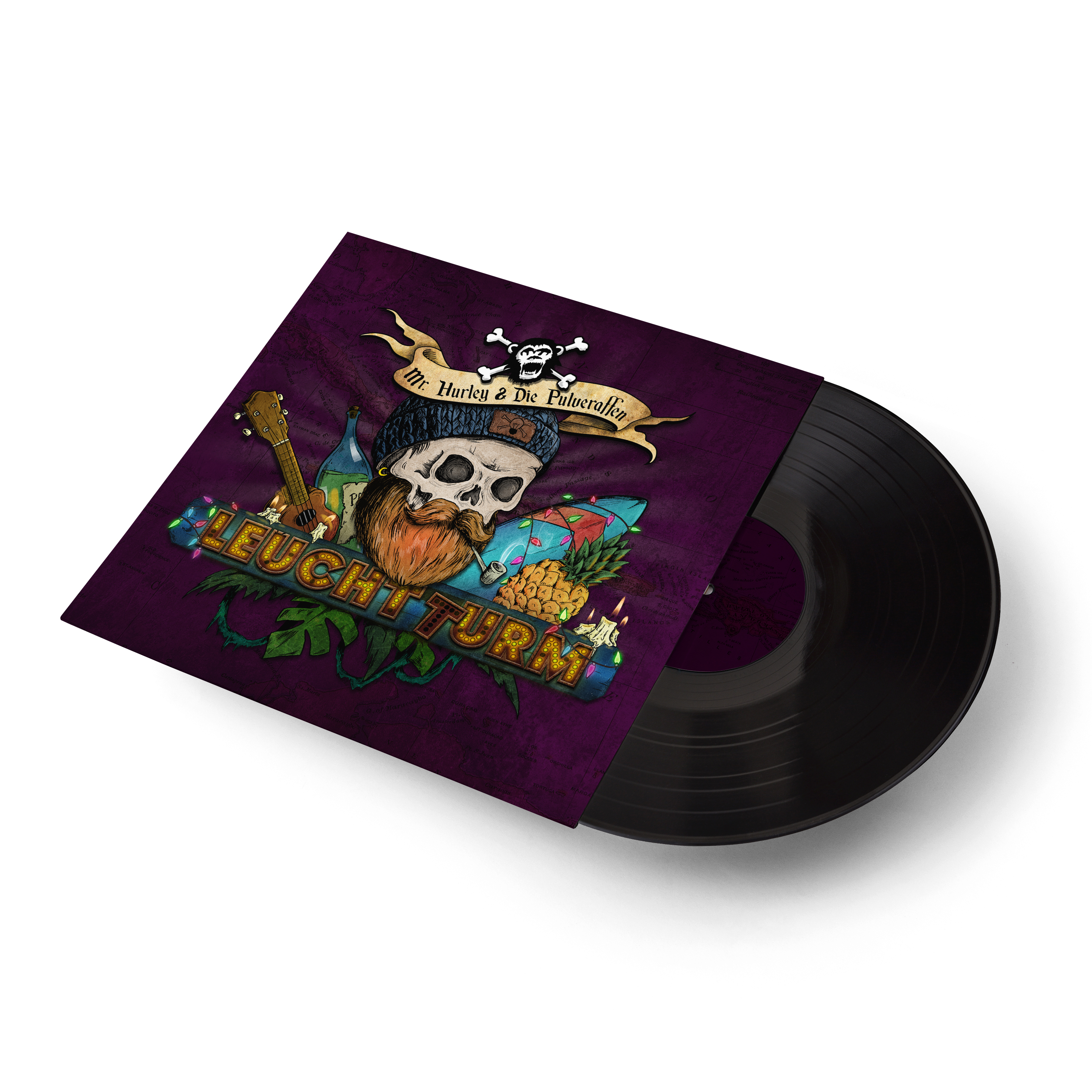 Albumcover mit Totenkopf, Objekten und Text. Rechts eine schwarze Schallplatte.