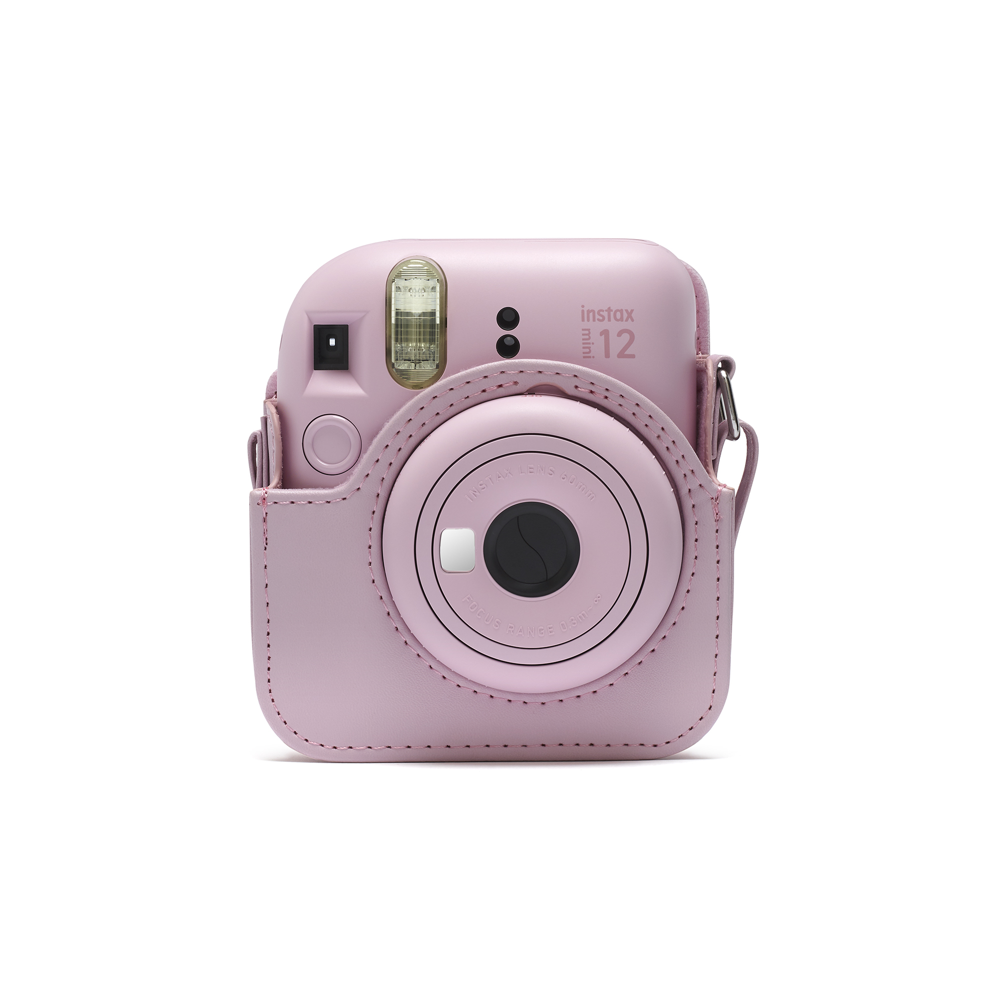 Rosa Instax Mini 12 Kamera in passender rosa Hülle. Die Kamera ist zentriert, weißer Hintergrund.