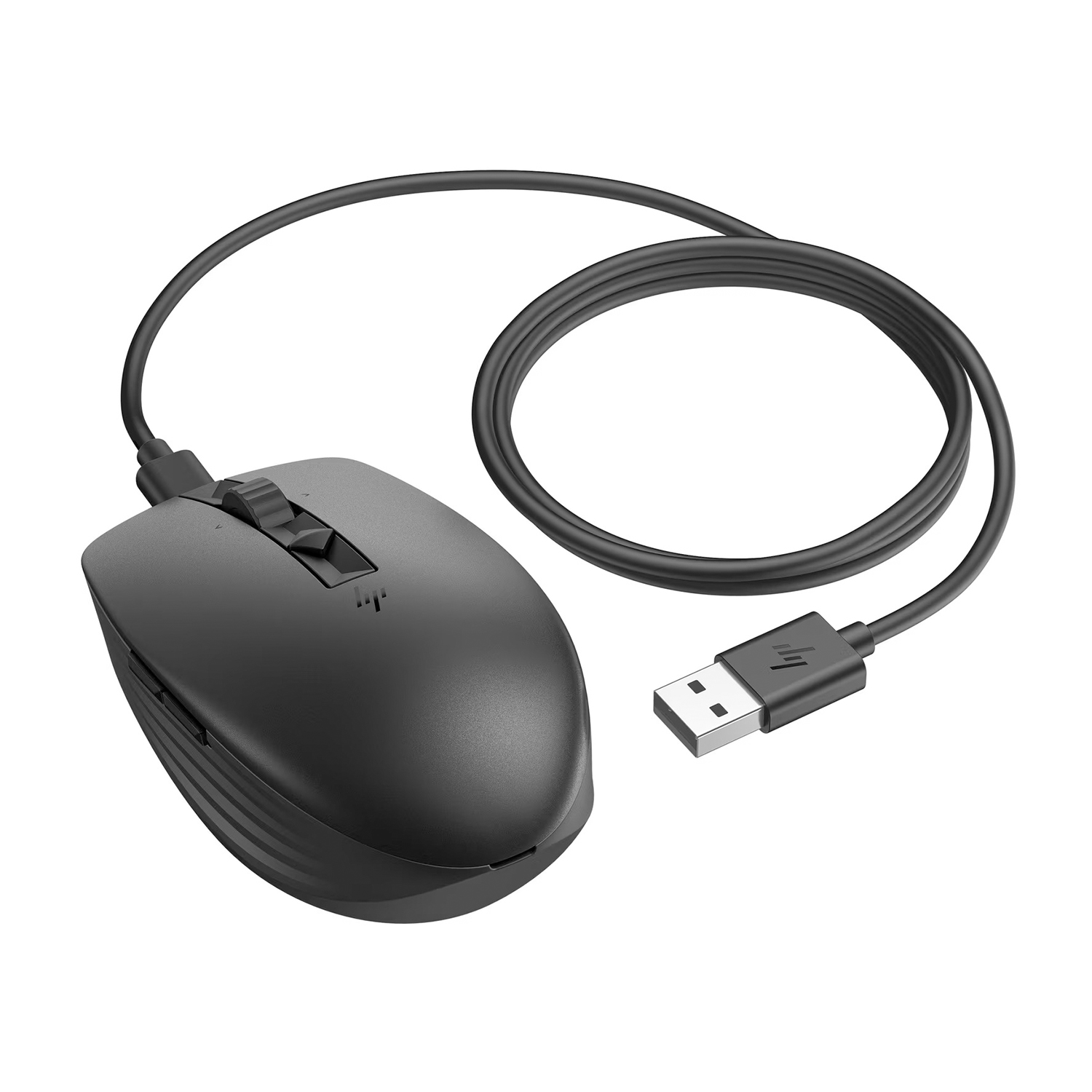 Mouse nero con cavo USB. Il mouse ha una rotella di scorrimento.