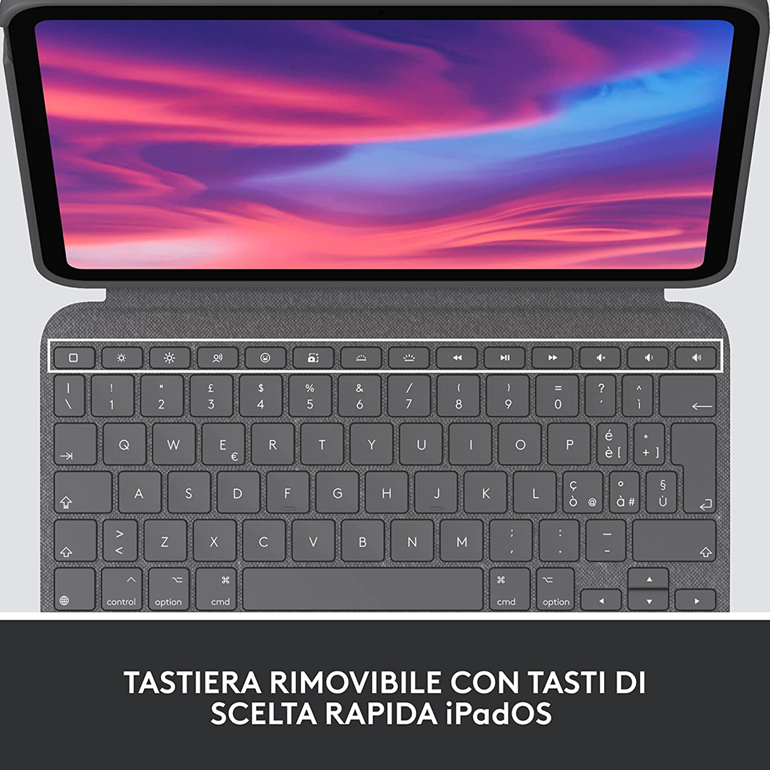Tastiera grigia con tasti bianchi e schermo di tablet che mostra un cielo colorato.