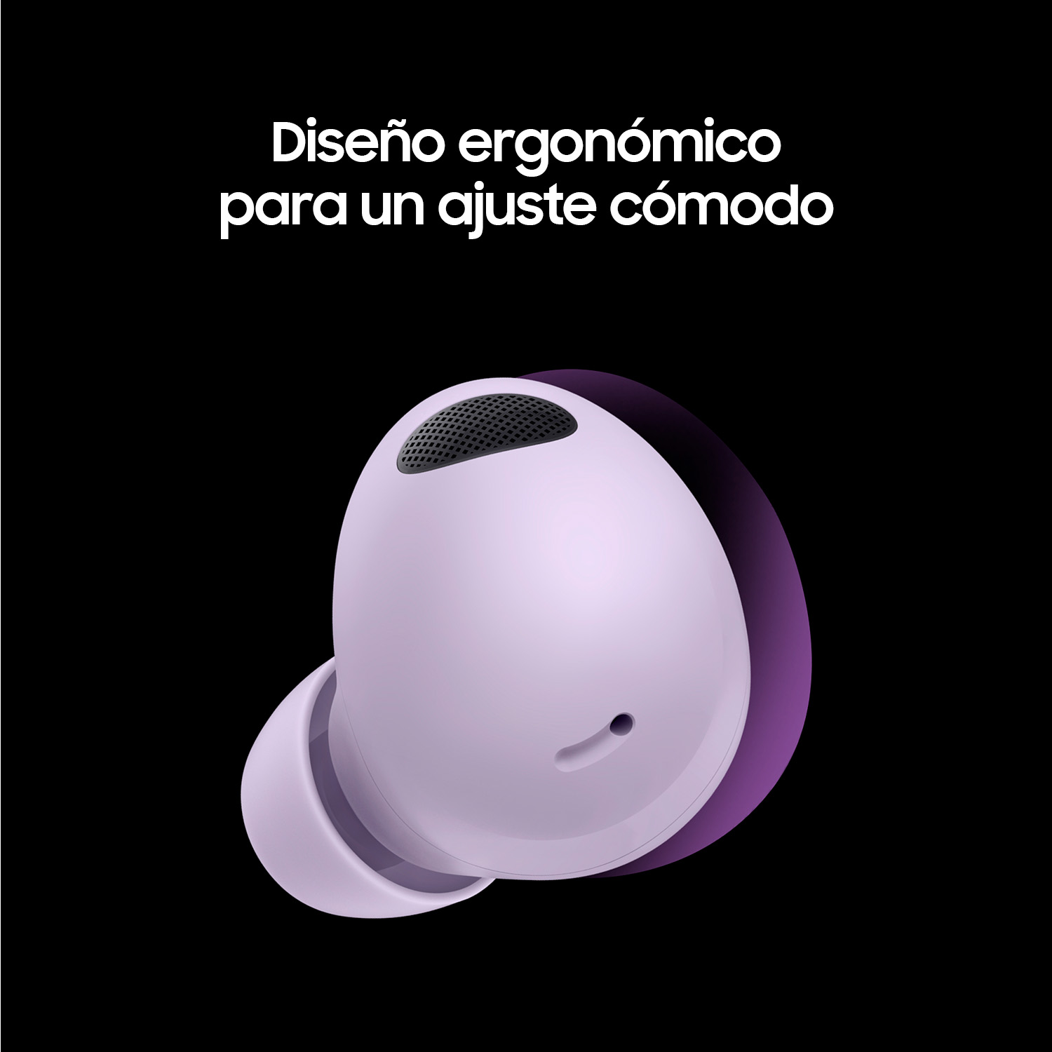 Auriculares, morados y negros, con texto: "Diseño ergonómico para un ajuste cómodo".