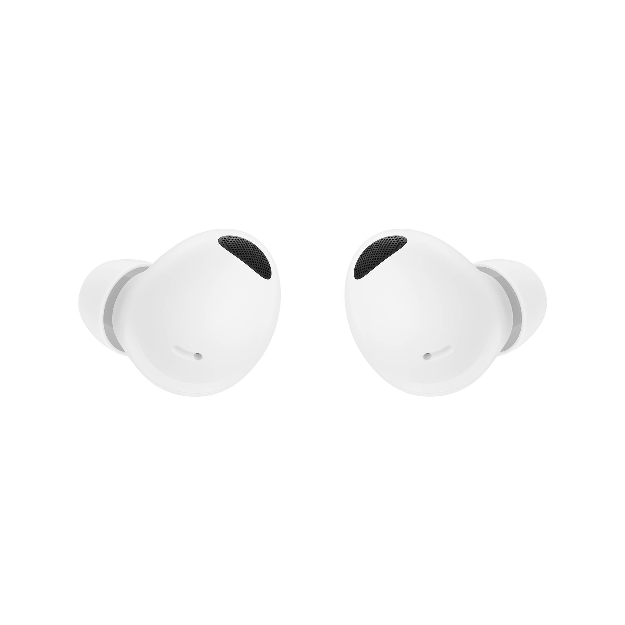 Dos auriculares inalámbricos blancos. Fondo negro.