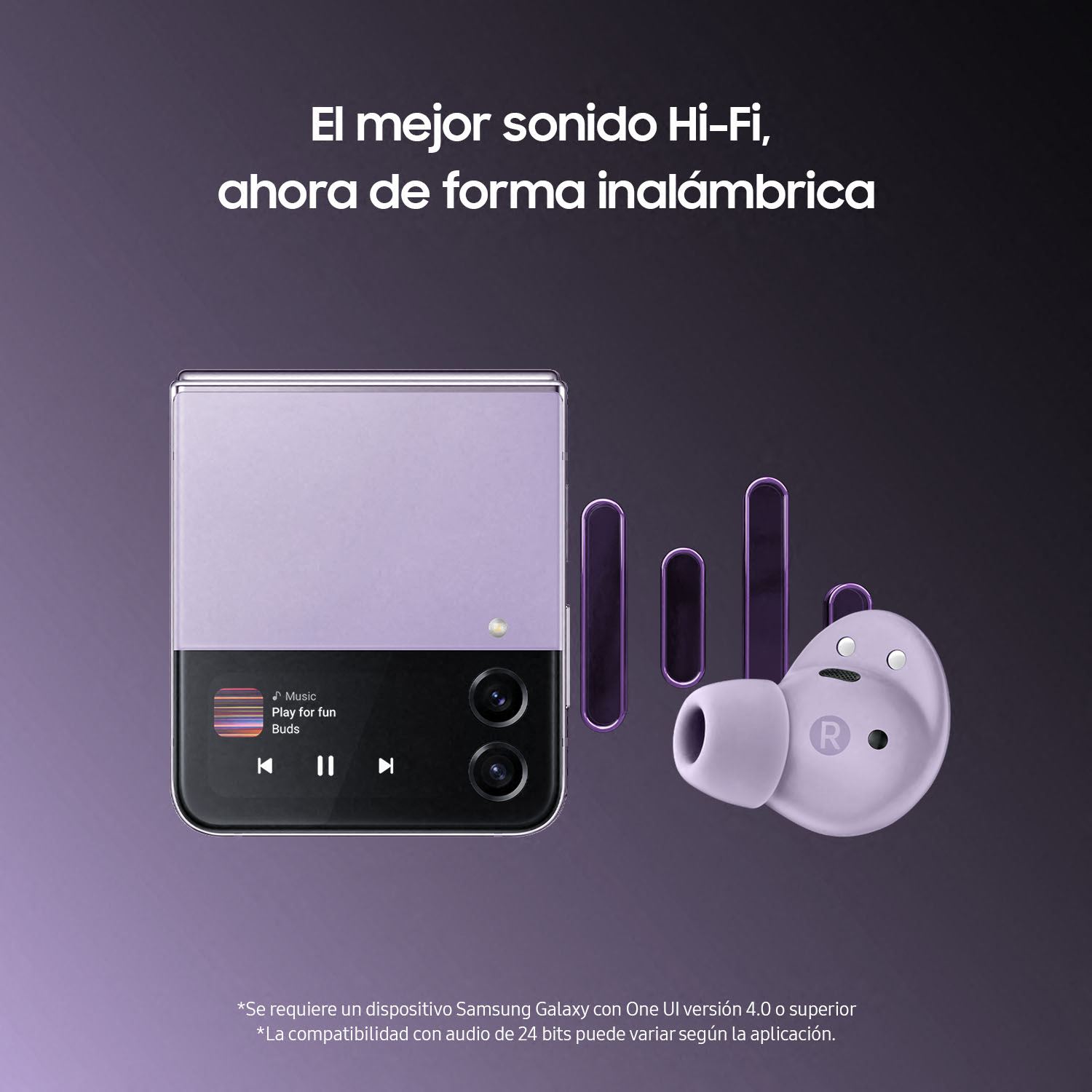 Un teléfono púrpura con auriculares junto a él. Texto que promociona sonido Hi-Fi.