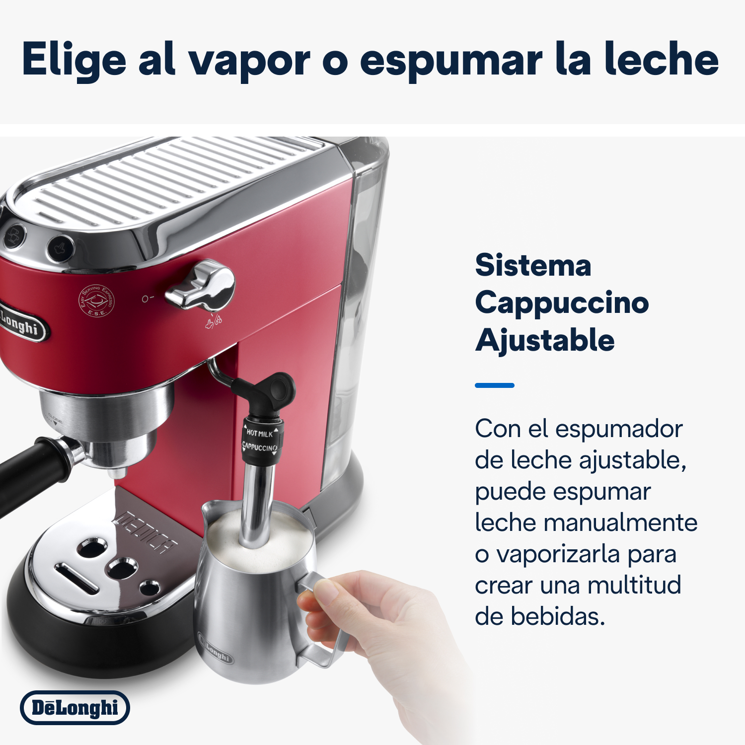 Máquina de espresso DeLonghi roja con espumador de leche manual.