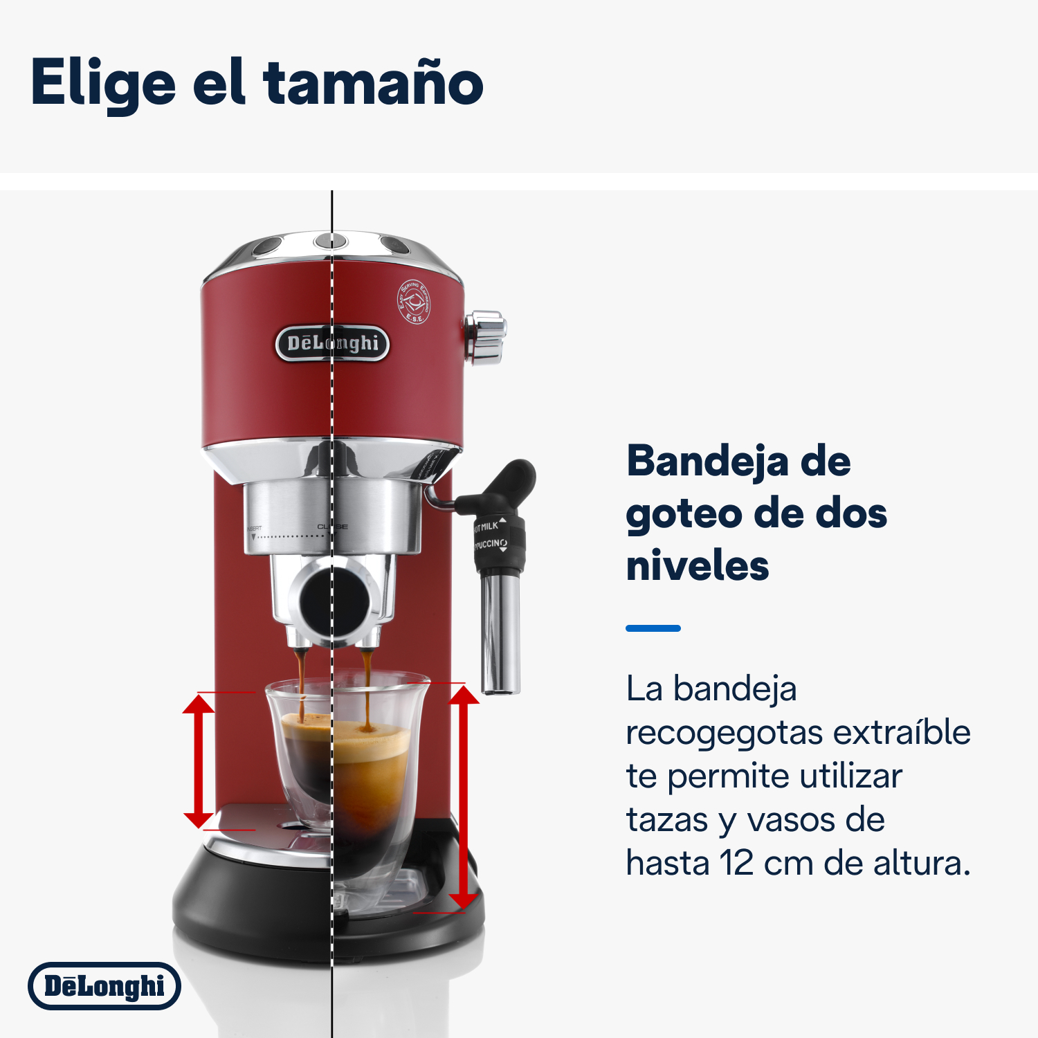 Una máquina de espresso roja con un vaso de espresso, con texto en español.