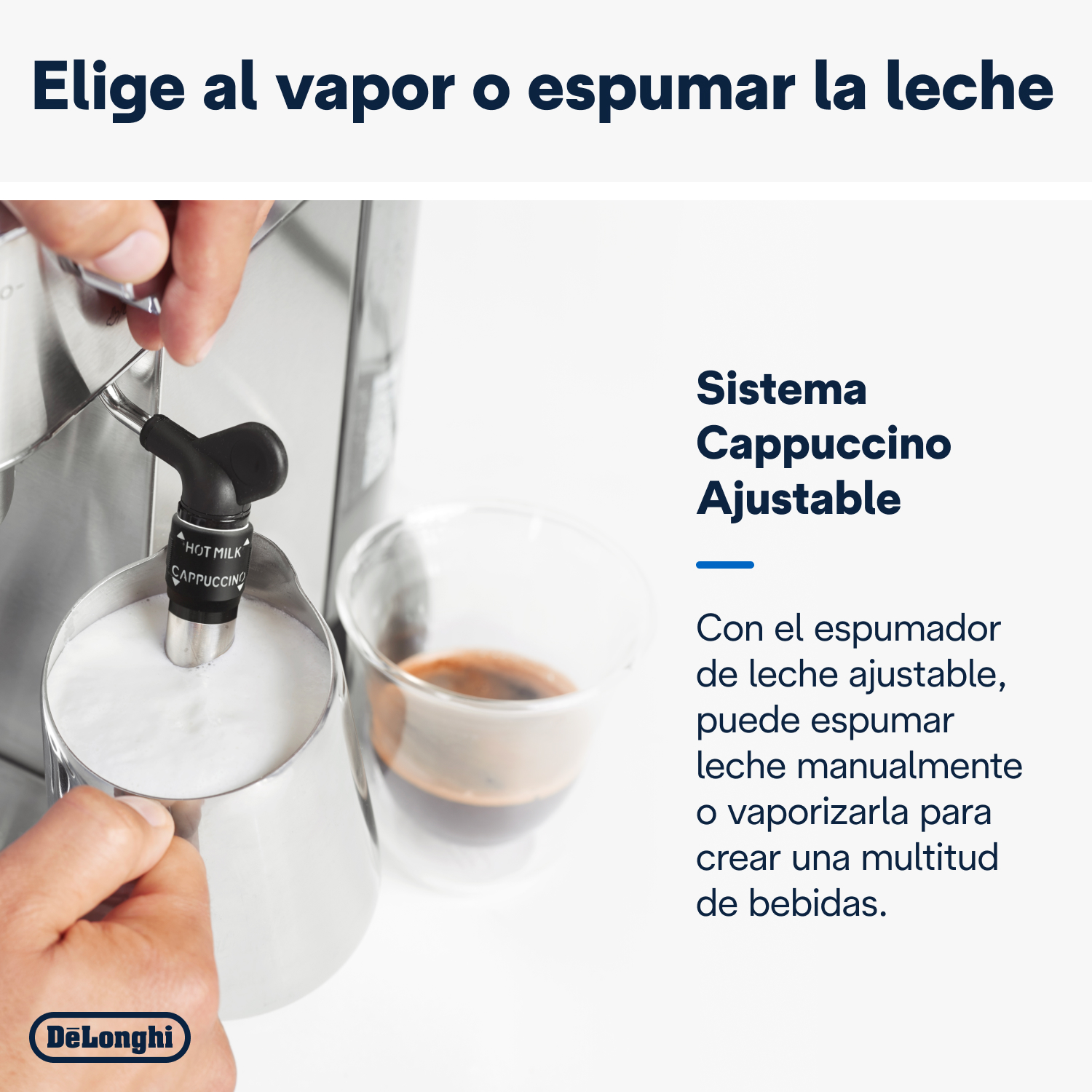 Una persona vaporizando leche en una jarra metálica con una máquina. El texto indica 'Cappuccino' y 'Ajustable'.