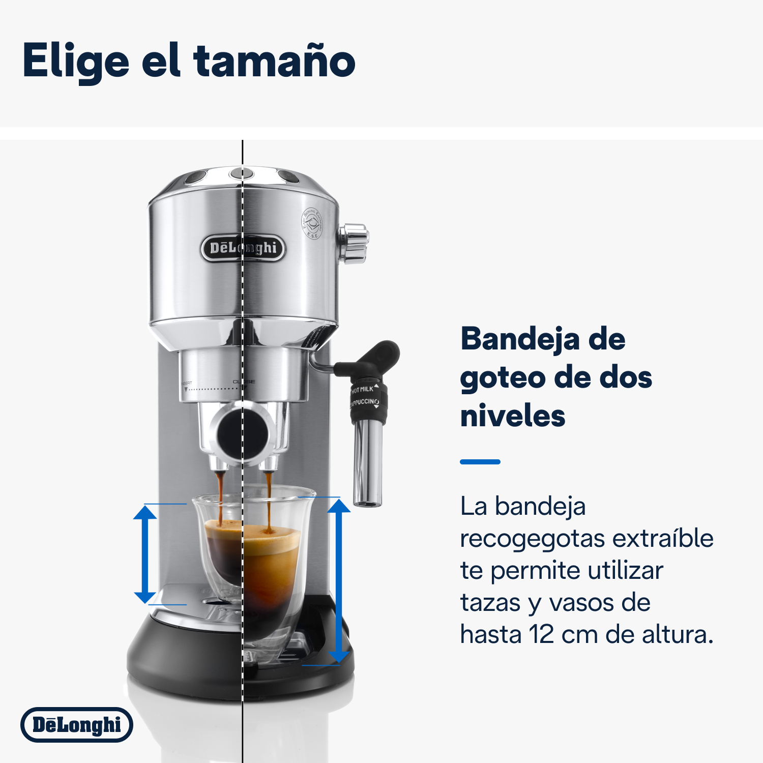 Máquina de espresso con texto en español. Muestra café vertiéndose en vasos.