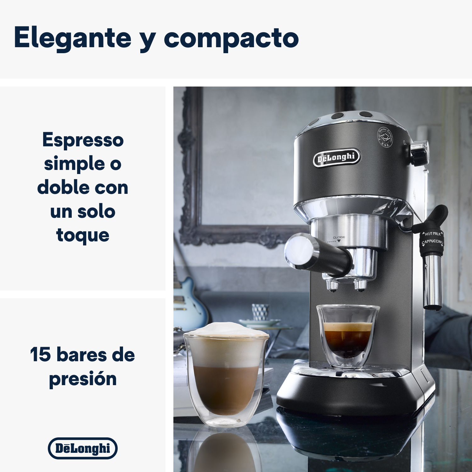 Una cafetera espresso De'Longhi con un vaso de café sobre una mesa, texto a la izquierda.