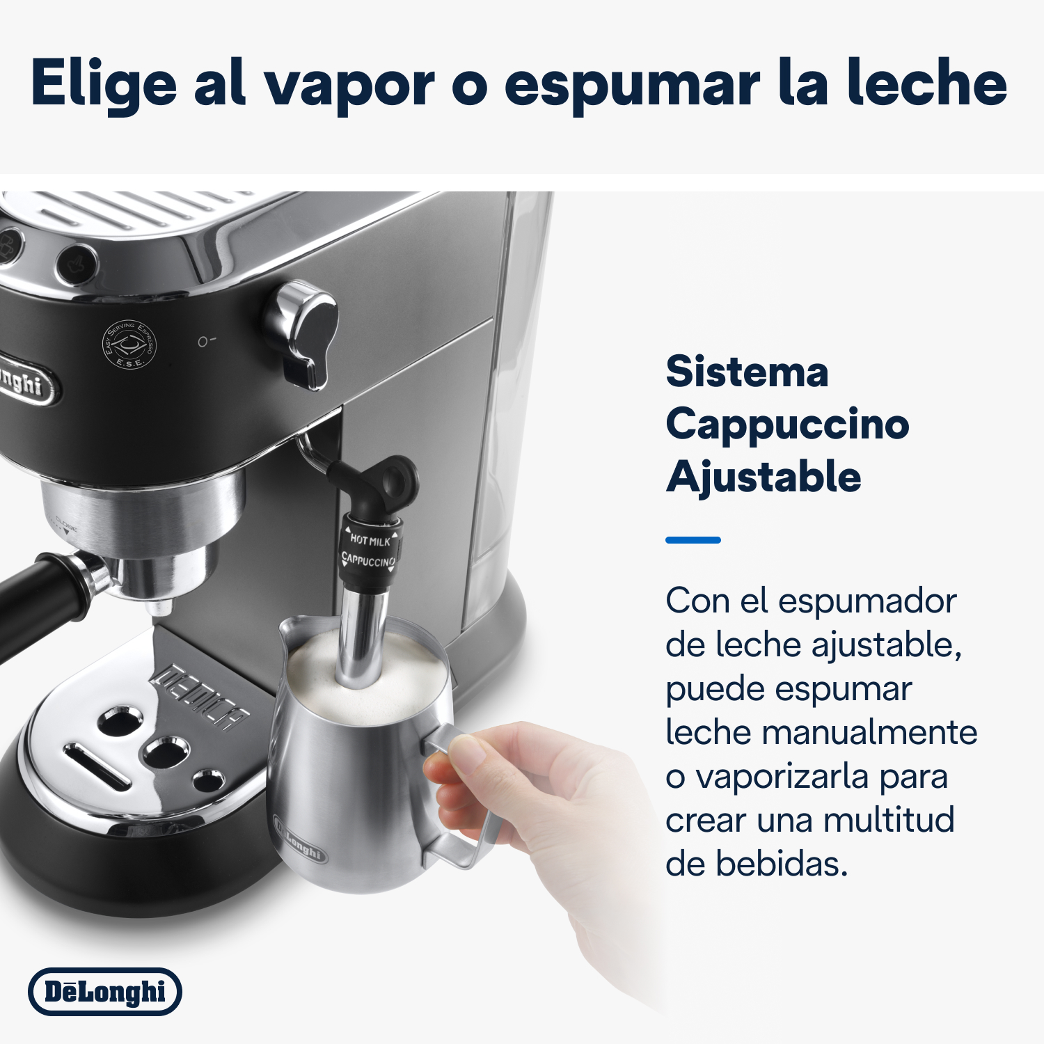Una máquina de espresso De'Longhi con una mano sosteniendo una jarra de acero para espumar leche.