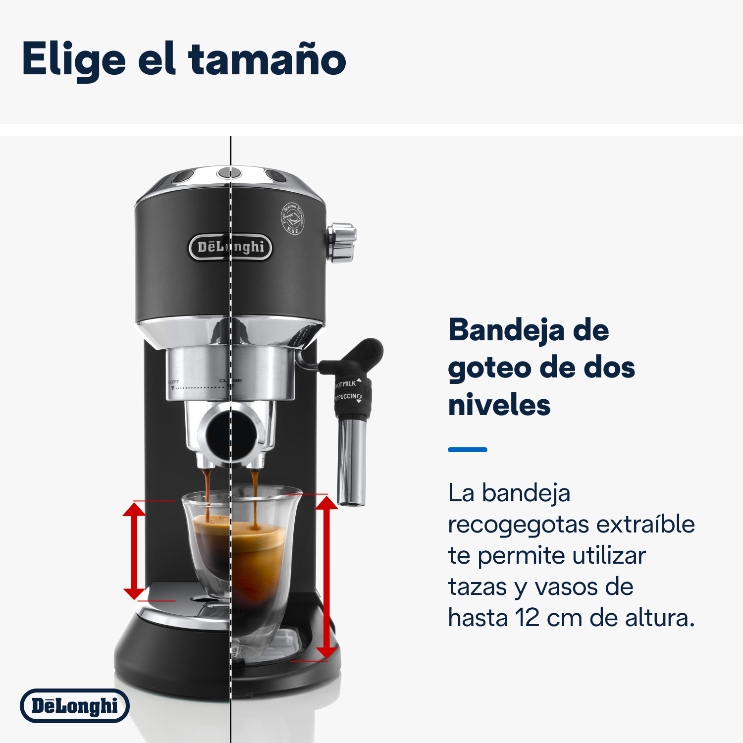 Una cafetera espresso DeLonghi con una taza de café. Texto en español.