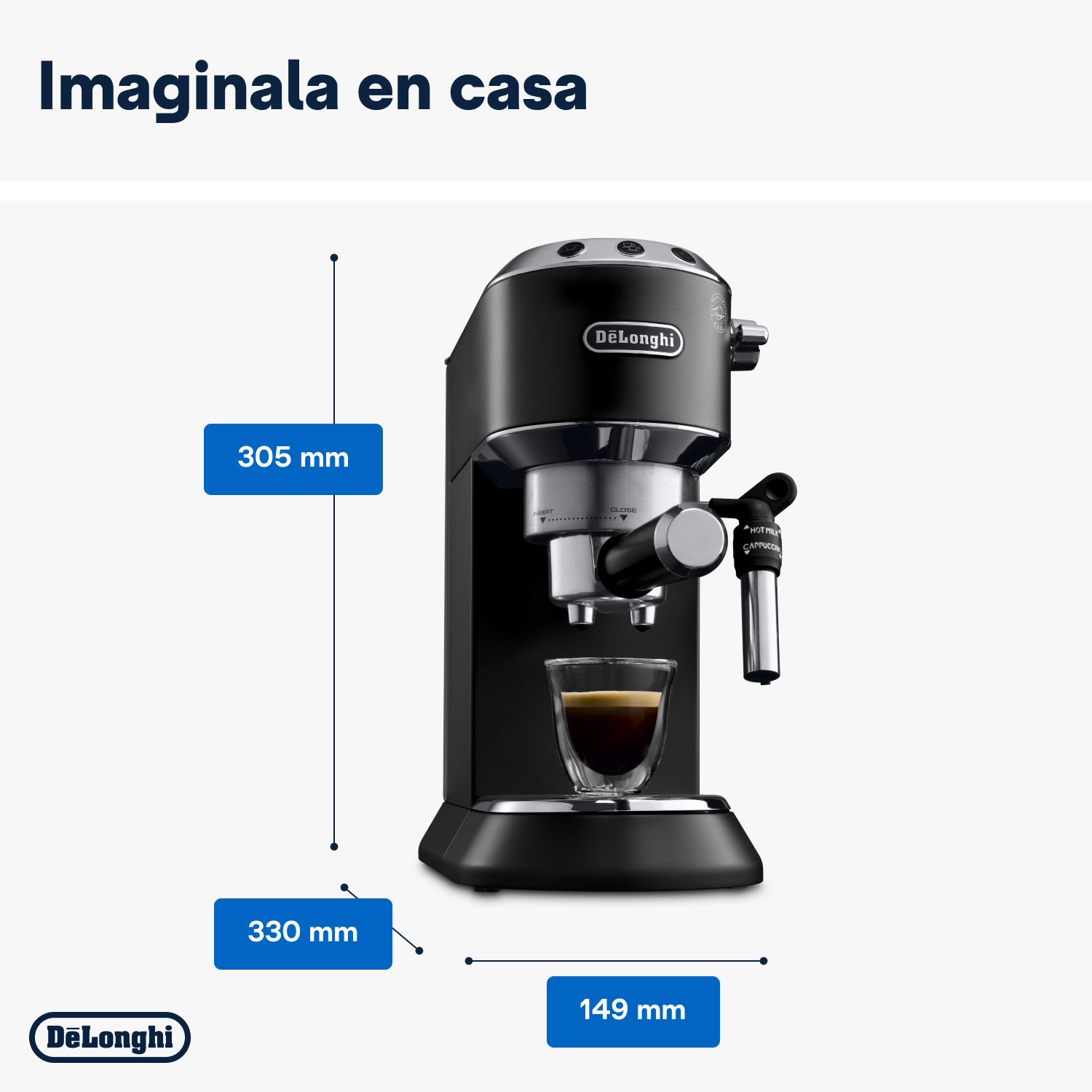 Máquina de espresso negra con dimensiones. El texto 'Imaginala en casa' está arriba. Se muestran las medidas.