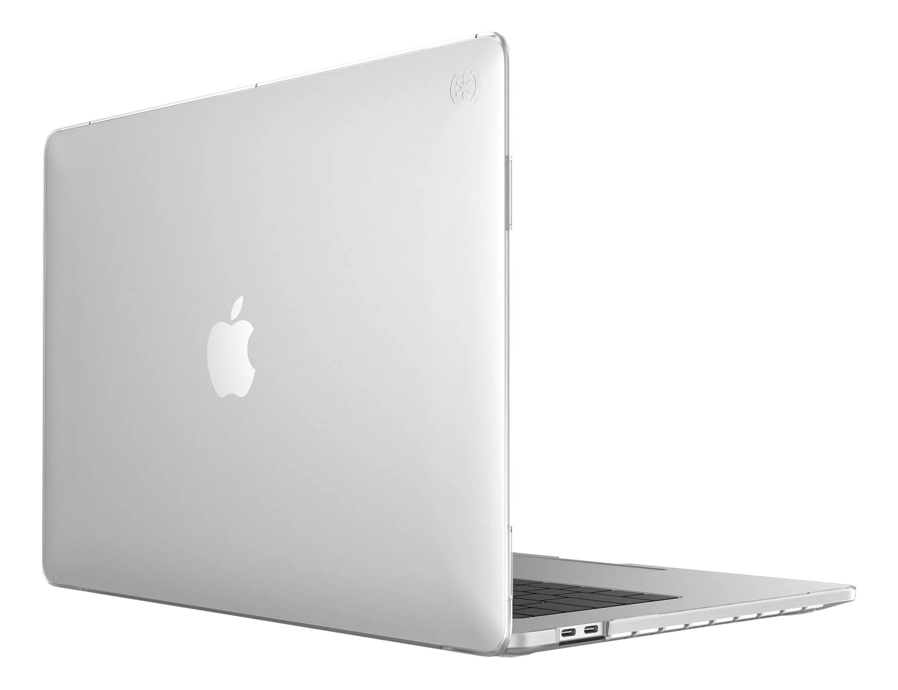 Laptop argentato dalla parte posteriore destra. Il logo Apple è visibile, con custodia trasparente.