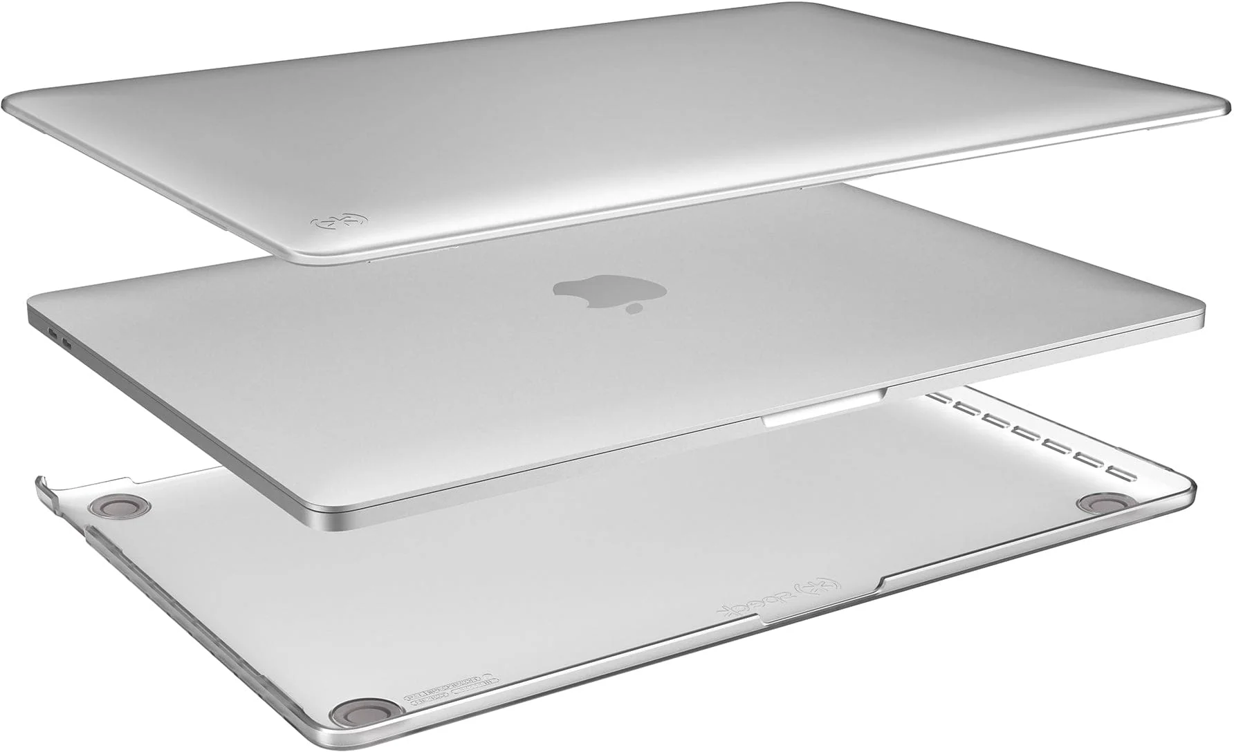 Tre gusci di laptop argentati, uno aperto, due impilati. Logo Apple visibile sul guscio superiore.