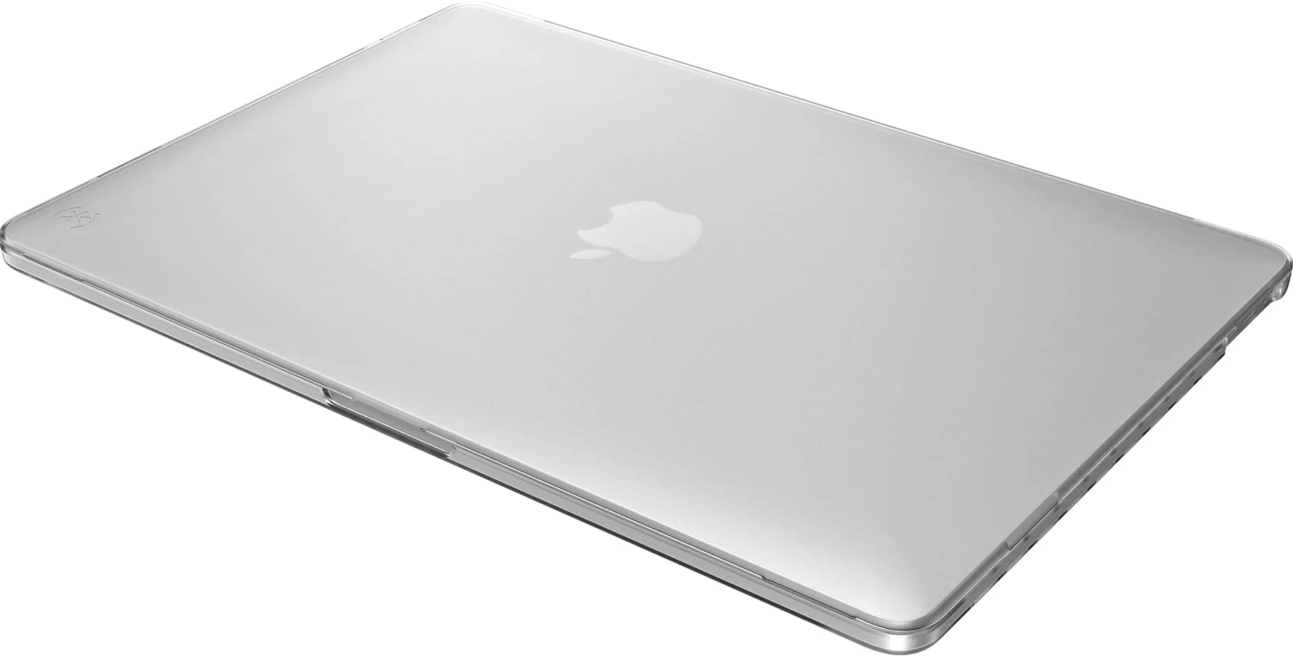 Un laptop MacBook argentato, chiuso. Logo Apple visibile sul coperchio, in una custodia.