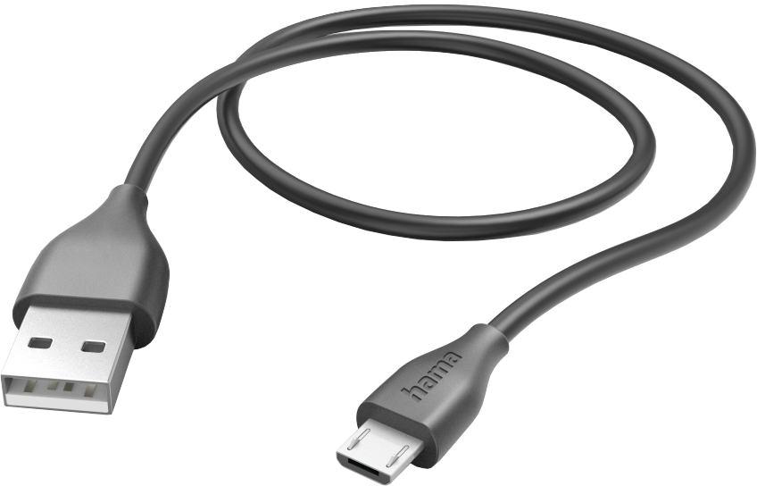 Zwarte USB naar micro USB-kabel. USB-uiteinde en micro USB-uiteinde. Hama-logo op micro USB.