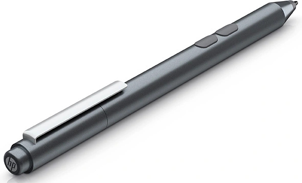 A gray stylus pen with silver clip and buttons, white background.