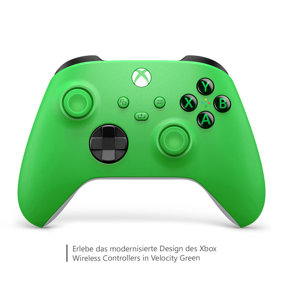 Grüner Xbox Wireless Controller mit schwarzen Akzenten, weißem Hintergrund und Text unten.