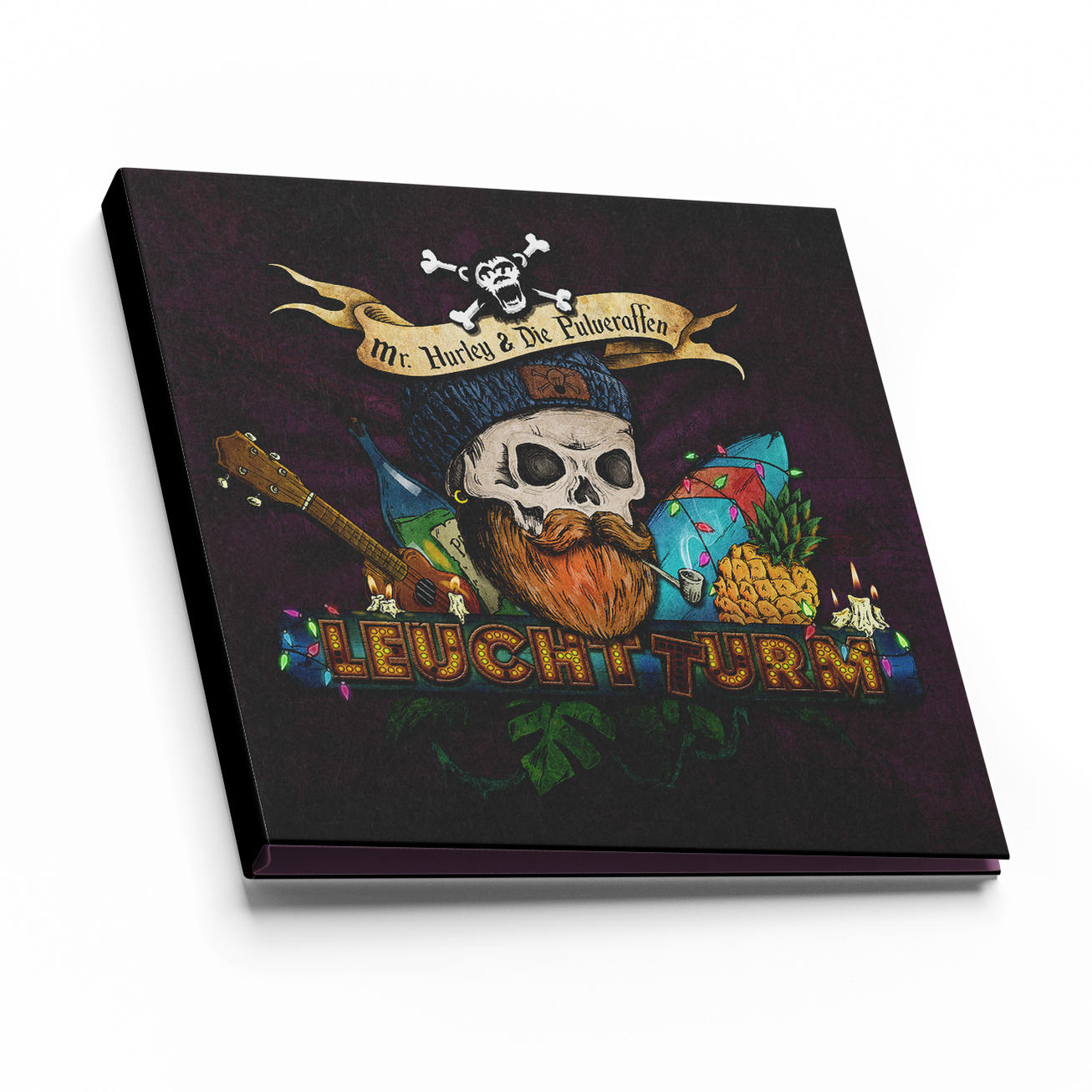 Albumcover mit Totenkopf, Piraten-Thema, und dem Wort 'LEUCHTTURM'.