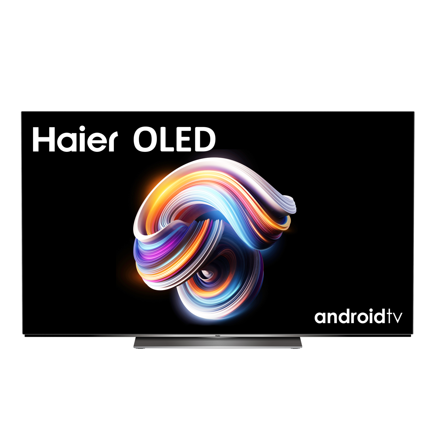 Televisor Haier OLED sobre fondo negro. Diseño multicolor en pantalla.