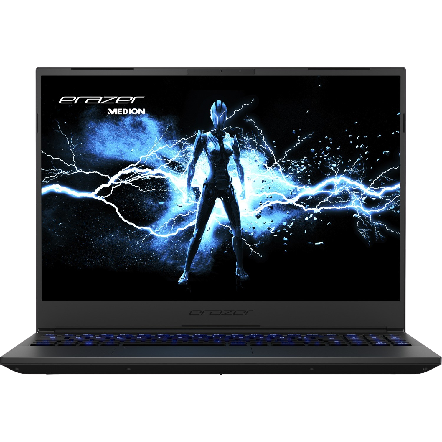 Een zwarte gaming laptop met een futuristische afbeelding van een vrouwelijke krijger.