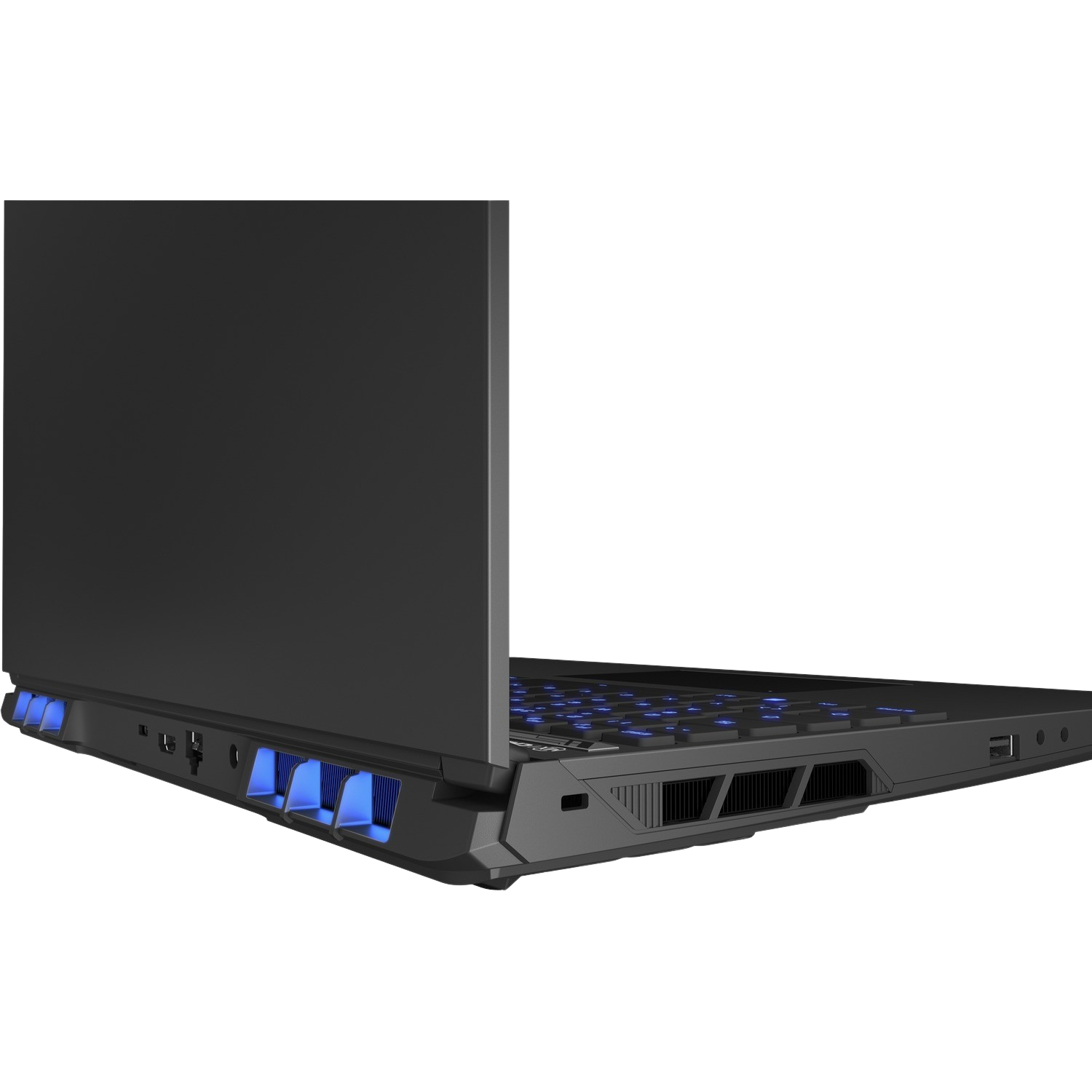 Zwarte laptop van de zijkant. Blauwe lichten zichtbaar door ventilatieopeningen. Gedeeltelijk open deksel.