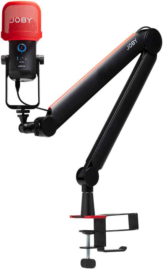 Rotes und schwarzes Mikrofon an einem verstellbaren Arm, schwarzer Hintergrund.