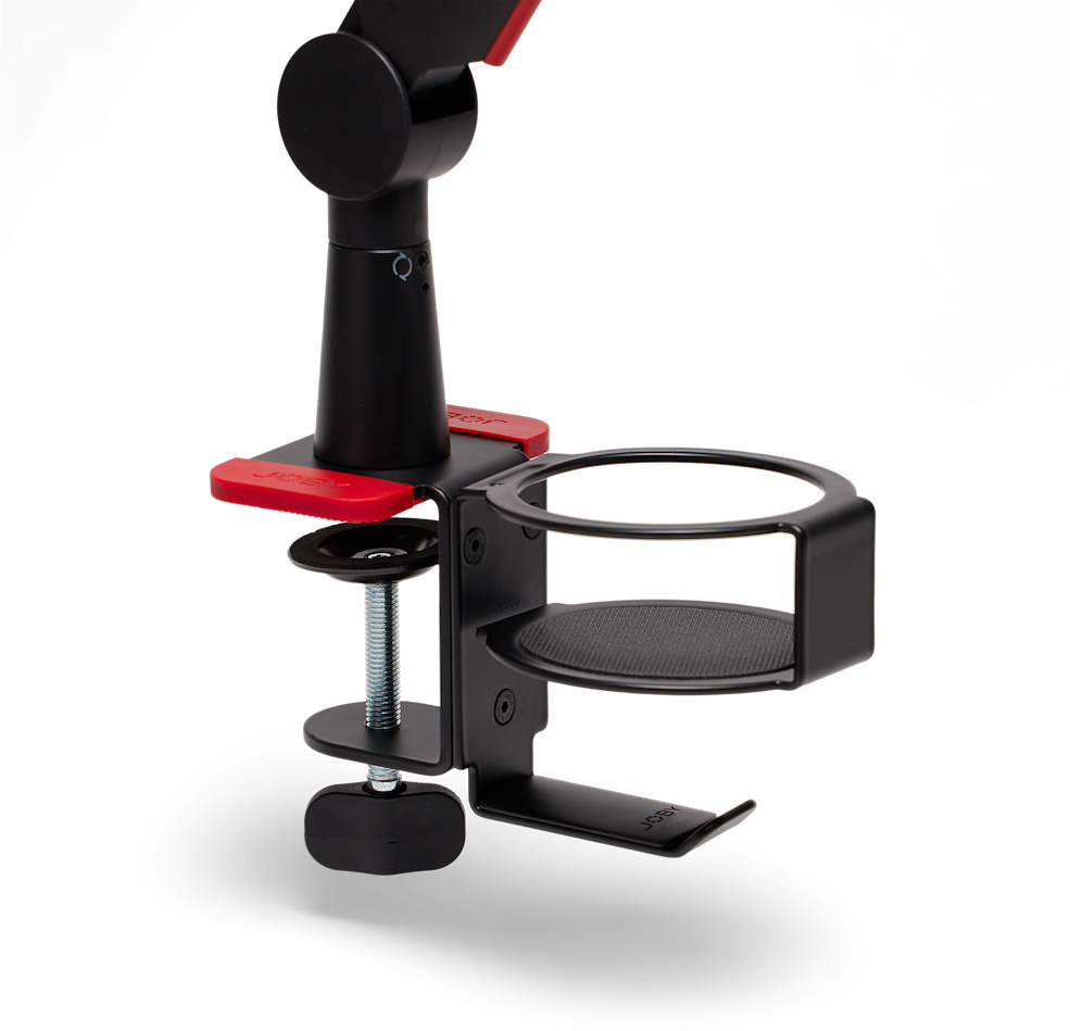 Schreibtischhalterung mit Getränkehalter, schwarzes und rotes Design, Metall und Kunststoff. Verstellbar und robust.