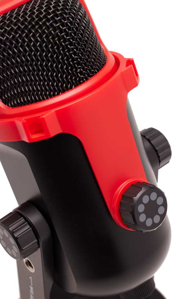 Ein schwarzes und rotes Mikrofon mit einem Mesh-Gitter und Einstellknöpfen.