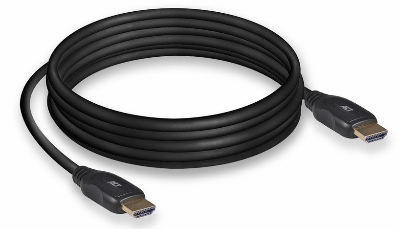 Fekete HDMI kábel, feltekerve. Két csatlakozó látható.