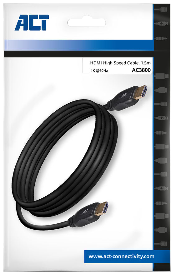 HDMI nagy sebességű kábel fekete csomagolásban. A kábel feltekerve, a csatlakozók láthatók.