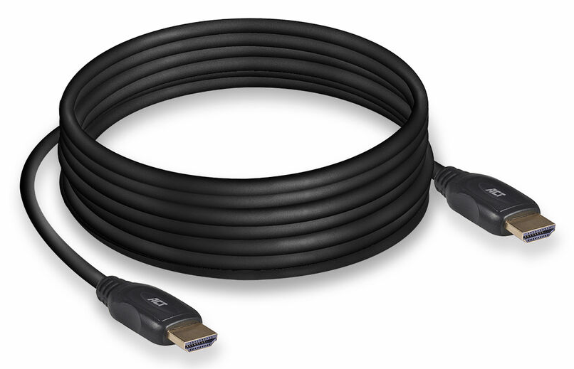 Fekete HDMI kábel csatlakozókkal mindkét végén, feltekerve.