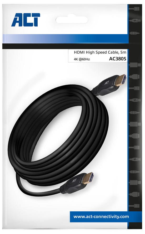 Egy fekete HDMI kábel csatlakozókkal fehér háttéren. Az ACT logó látható.